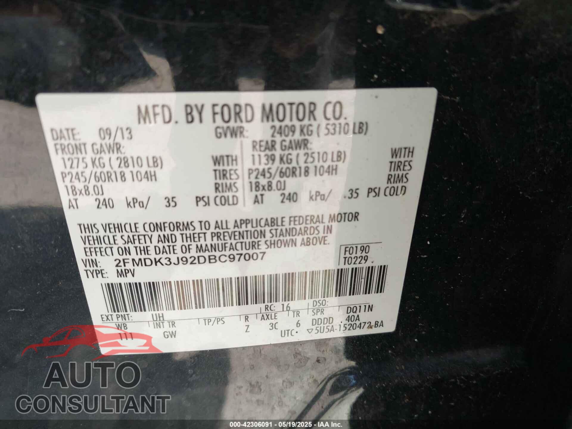 FORD EDGE 2013 - 2FMDK3J92DBC97007