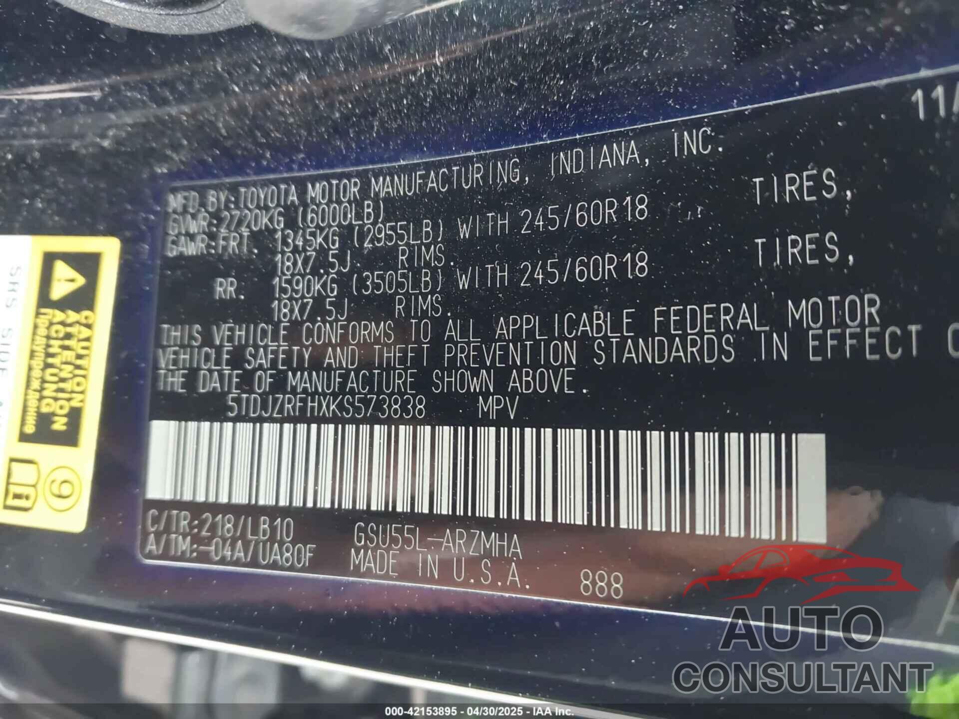 TOYOTA HIGHLANDER 2019 - 5TDJZRFHXKS573838