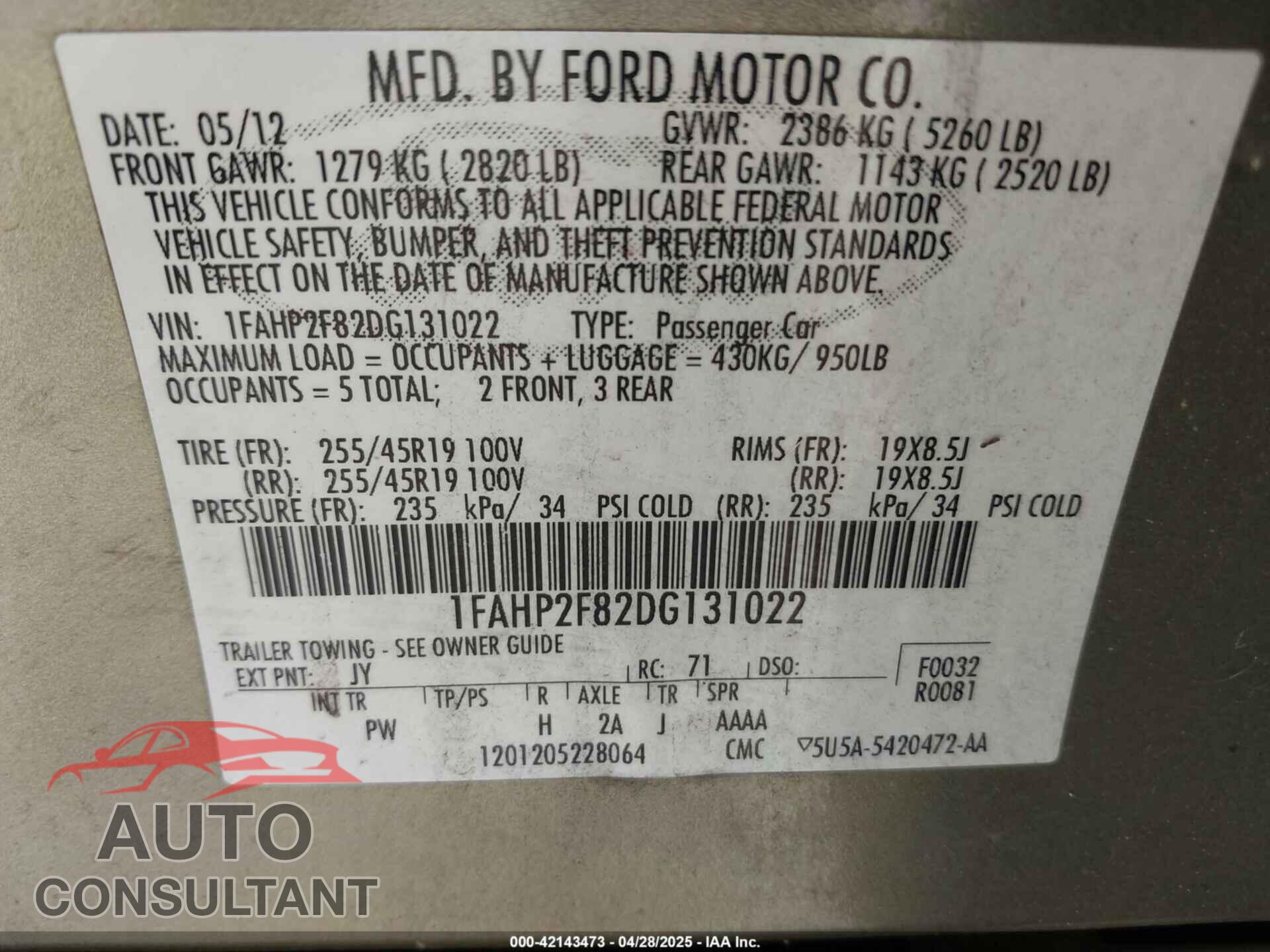 FORD TAURUS 2013 - 1FAHP2F82DG131022