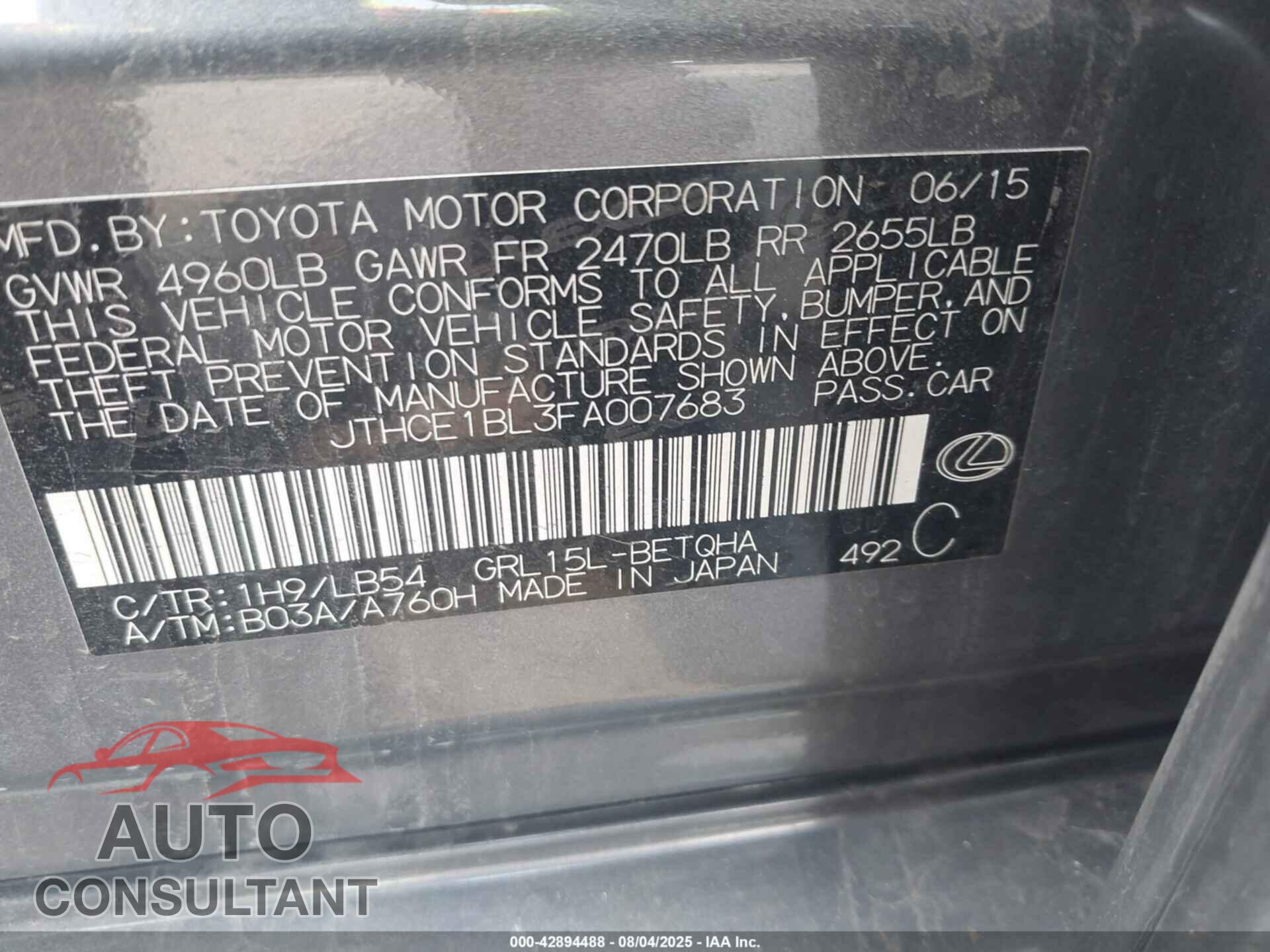 LEXUS GS 350 2015 - JTHCE1BL3FA007683