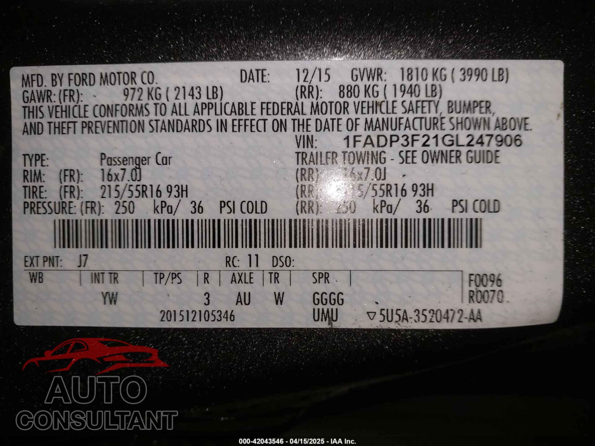 FORD FOCUS 2016 - 1FADP3F21GL247906