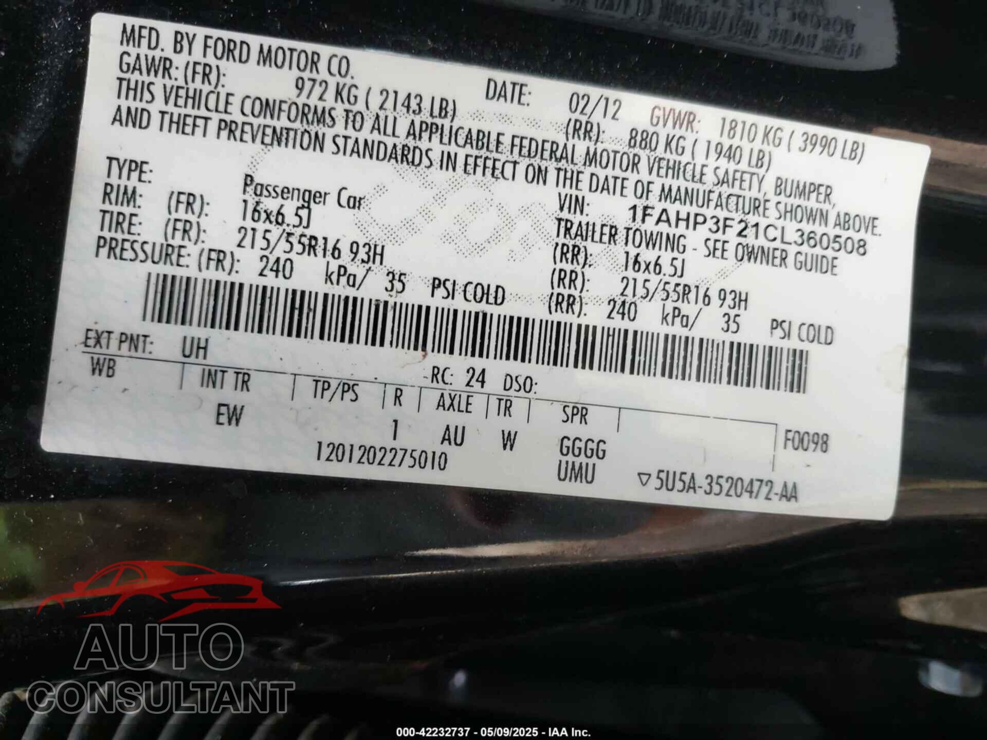 FORD FOCUS 2012 - 1FAHP3F21CL360508