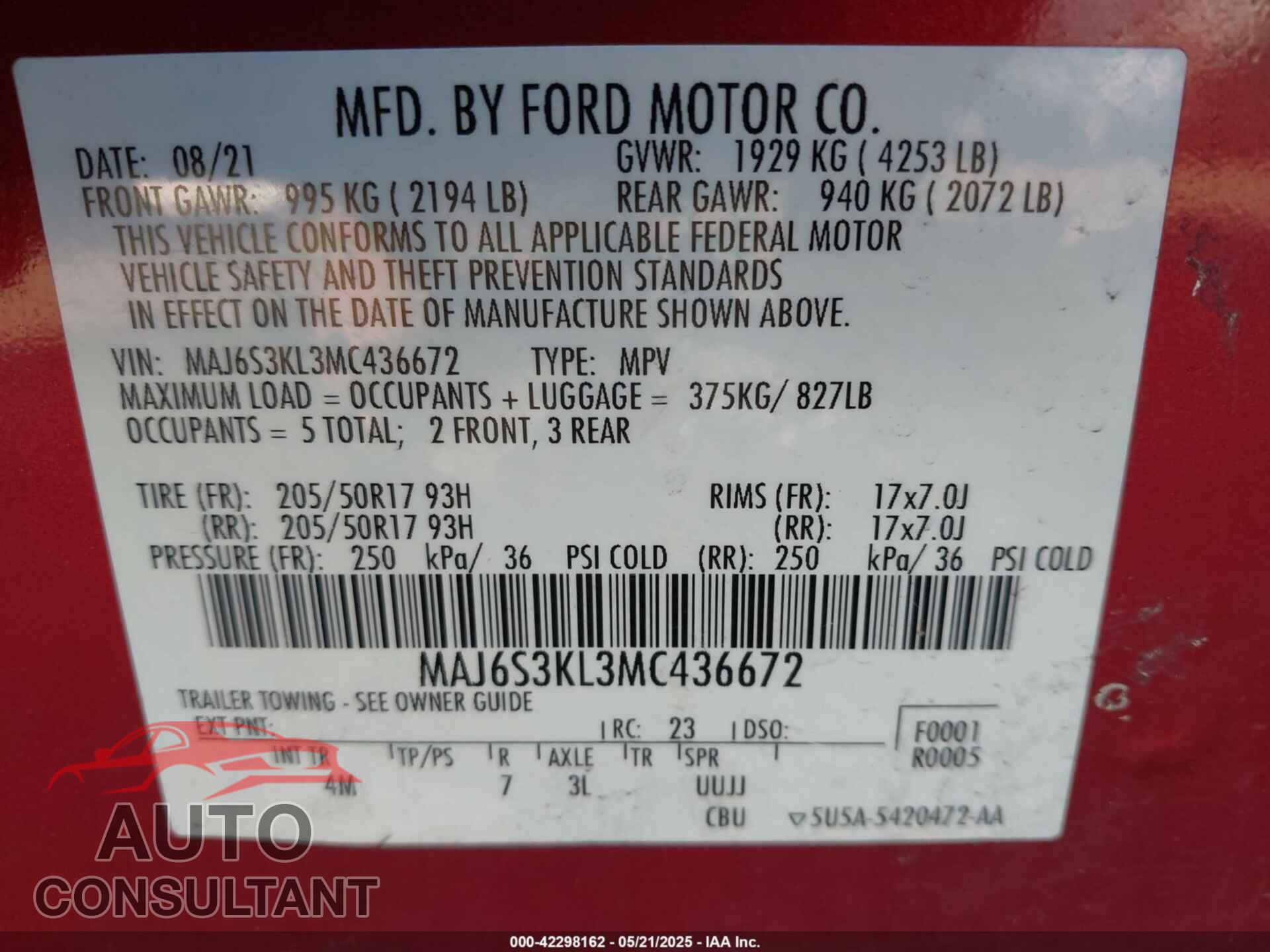 FORD ECOSPORT 2021 - MAJ6S3KL3MC436672