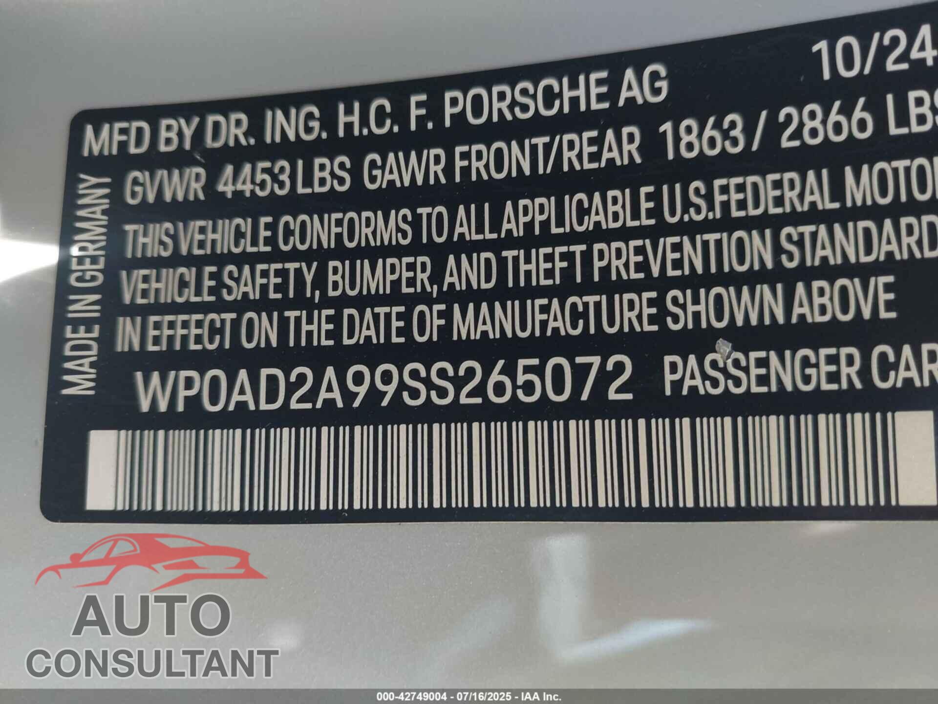 PORSCHE 911 2025 - WP0AD2A99SS265072