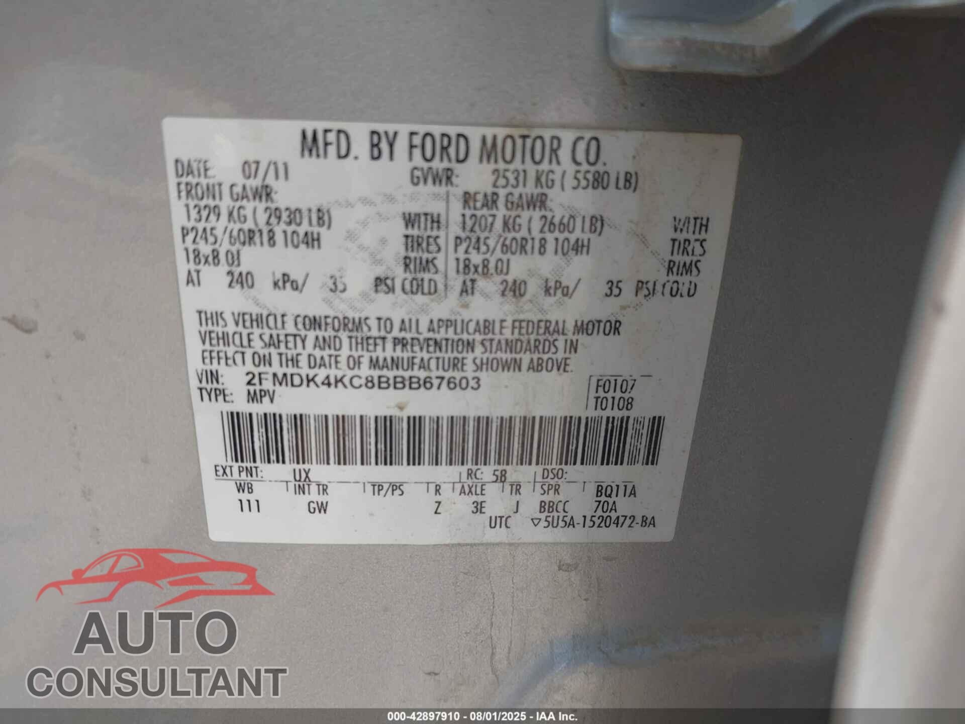 FORD EDGE 2011 - 2FMDK4KC8BBB67603