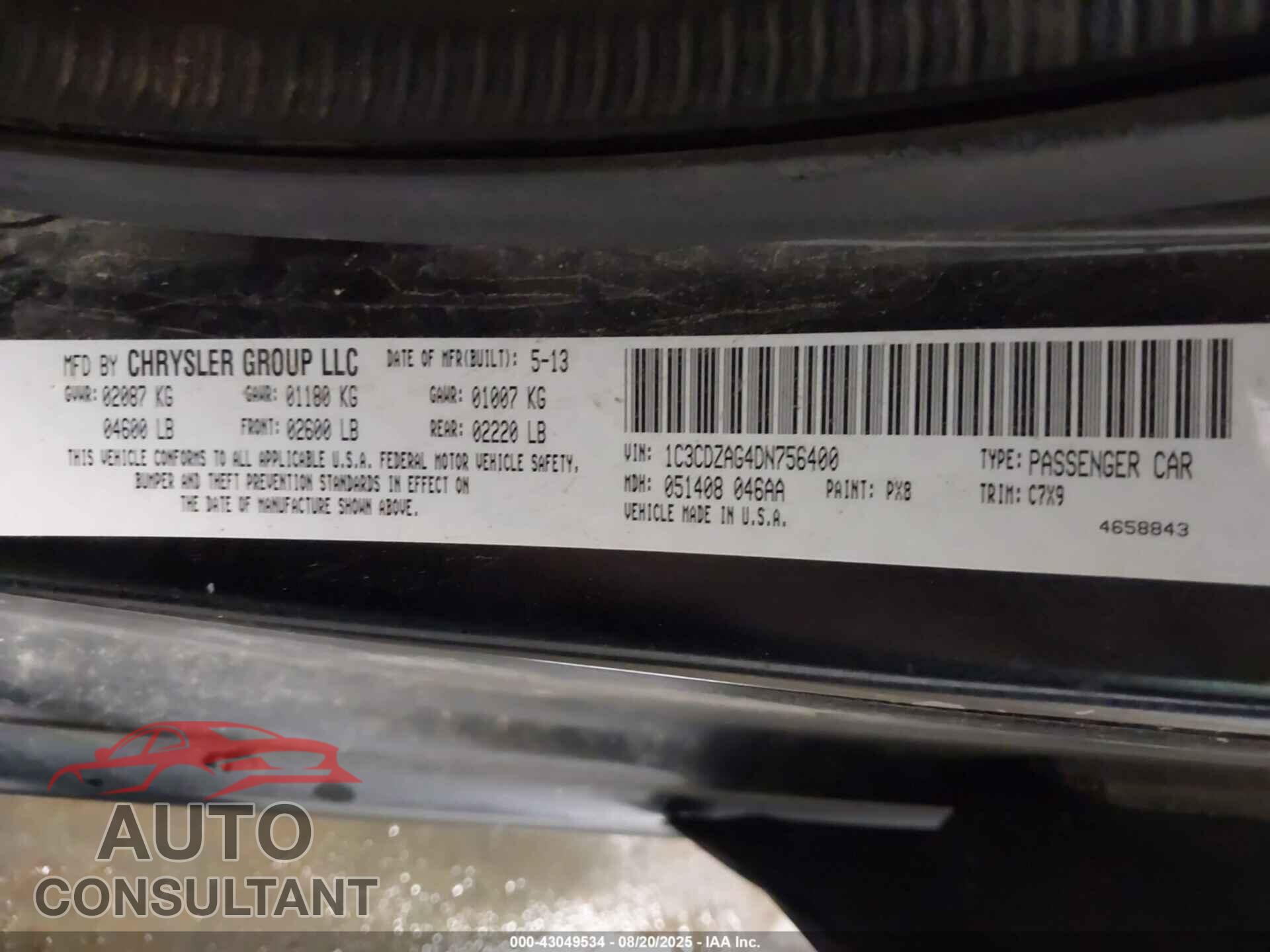 DODGE AVENGER 2013 - 1C3CDZAG4DN756400