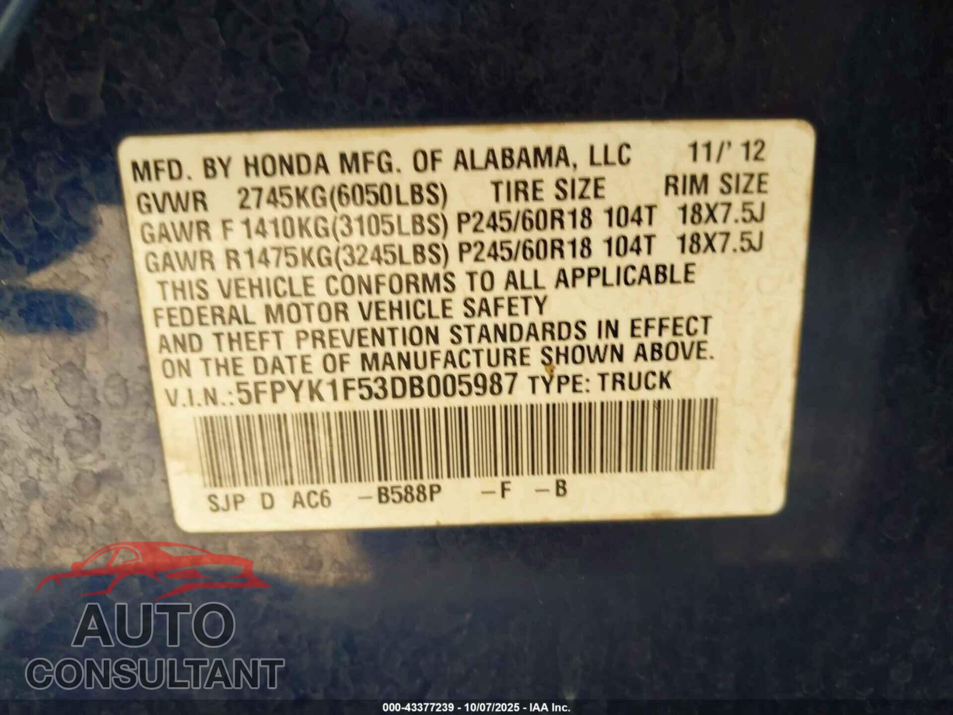 HONDA RIDGELINE 2013 - 5FPYK1F53DB005987