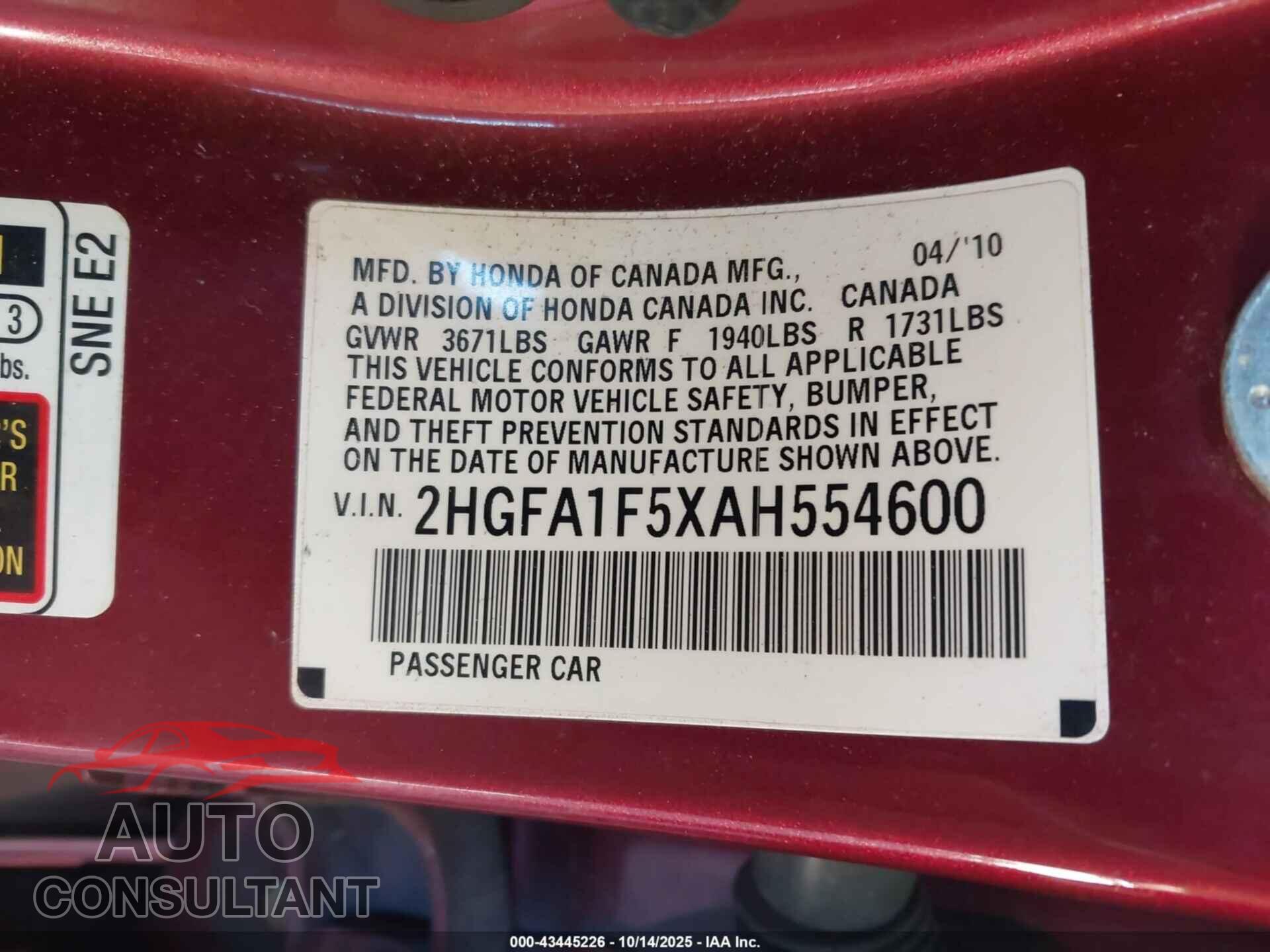 HONDA CIVIC 2010 - 2HGFA1F5XAH554600