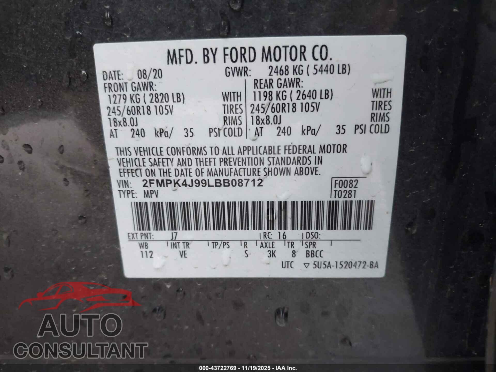 FORD EDGE 2020 - 2FMPK4J99LBB08712