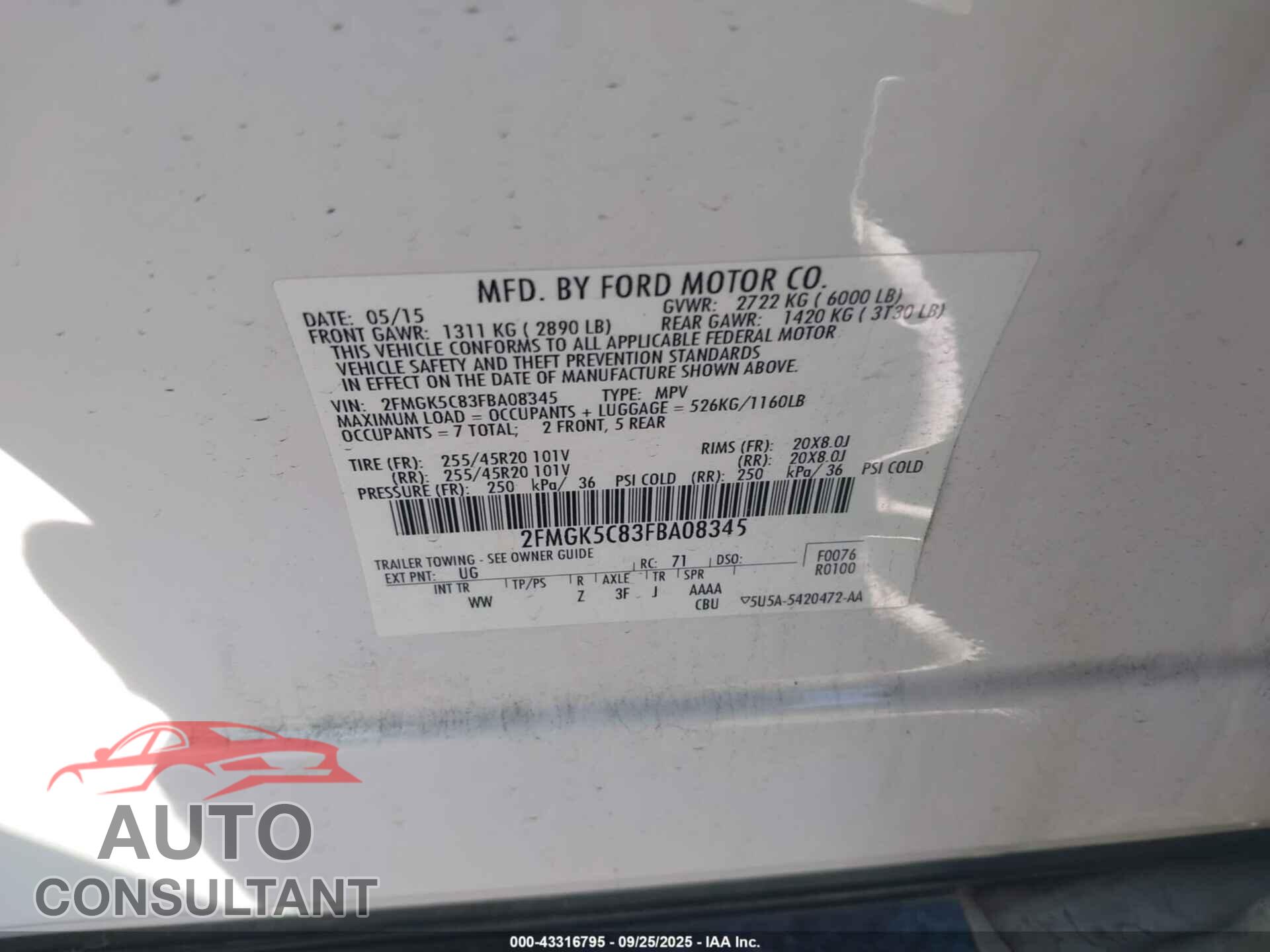 FORD FLEX 2015 - 2FMGK5C83FBA08345