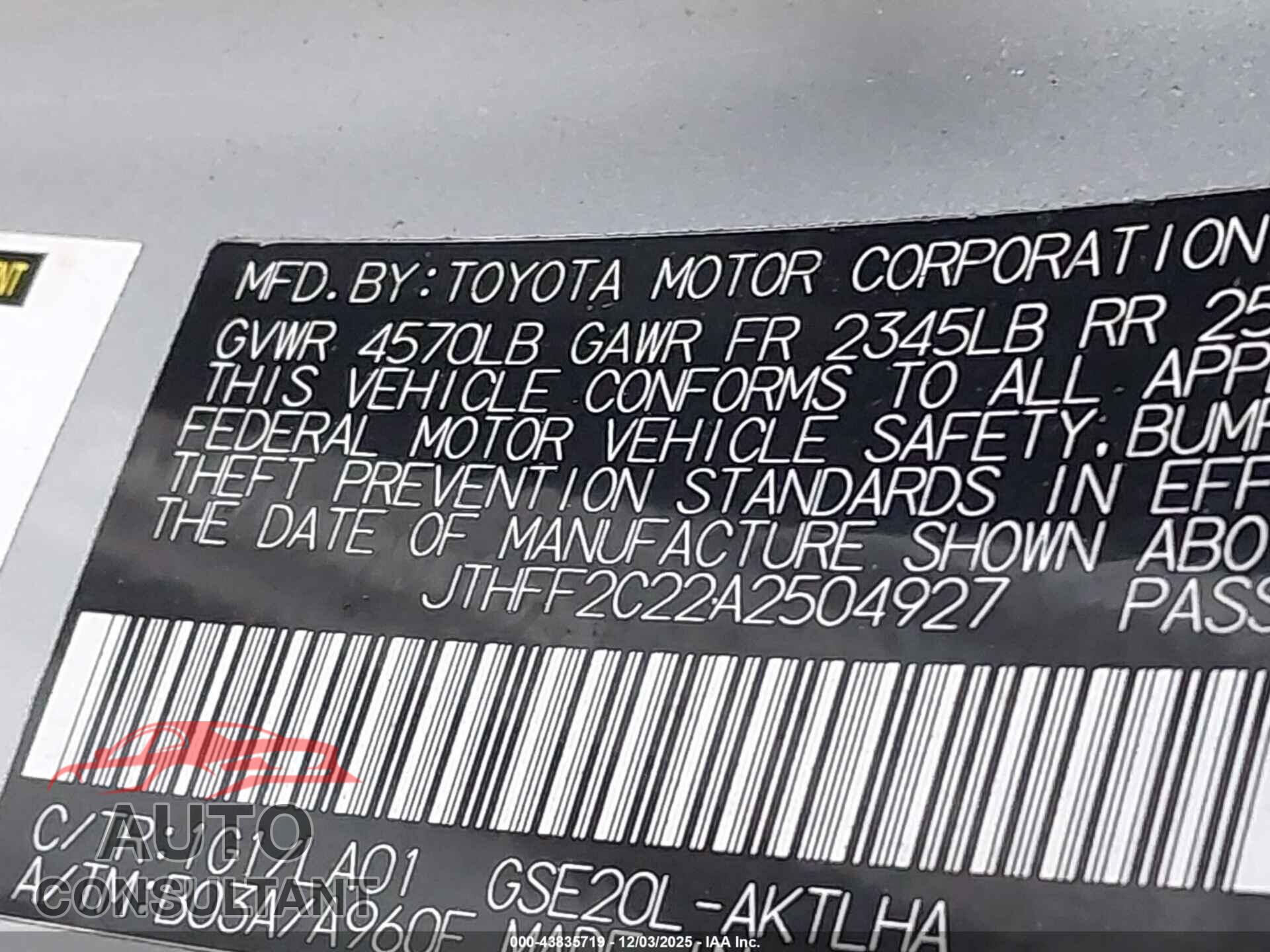 LEXUS IS 250C 2010 - JTHFF2C22A2504927