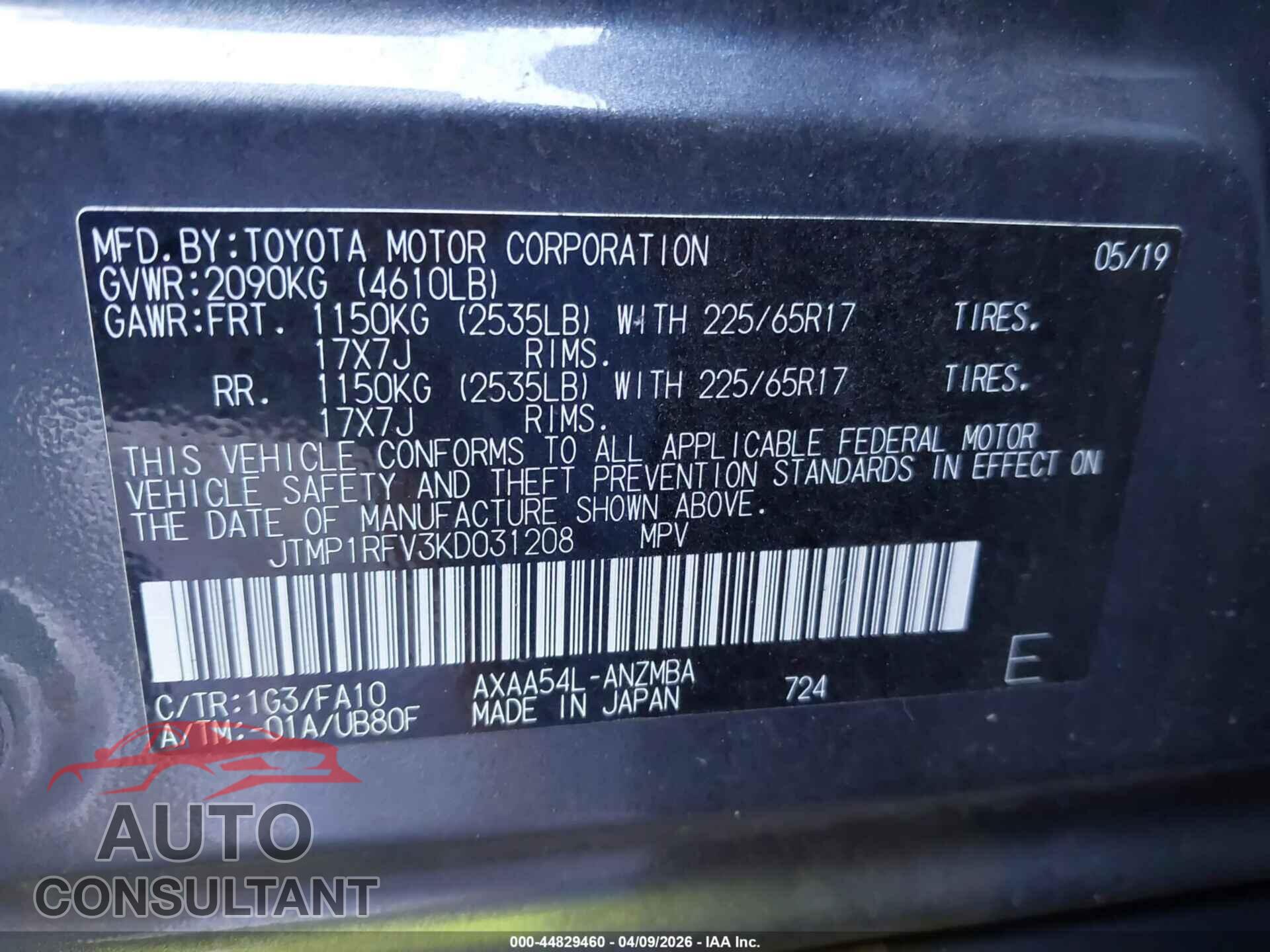 TOYOTA RAV4 2019 - JTMP1RFV3KD031208