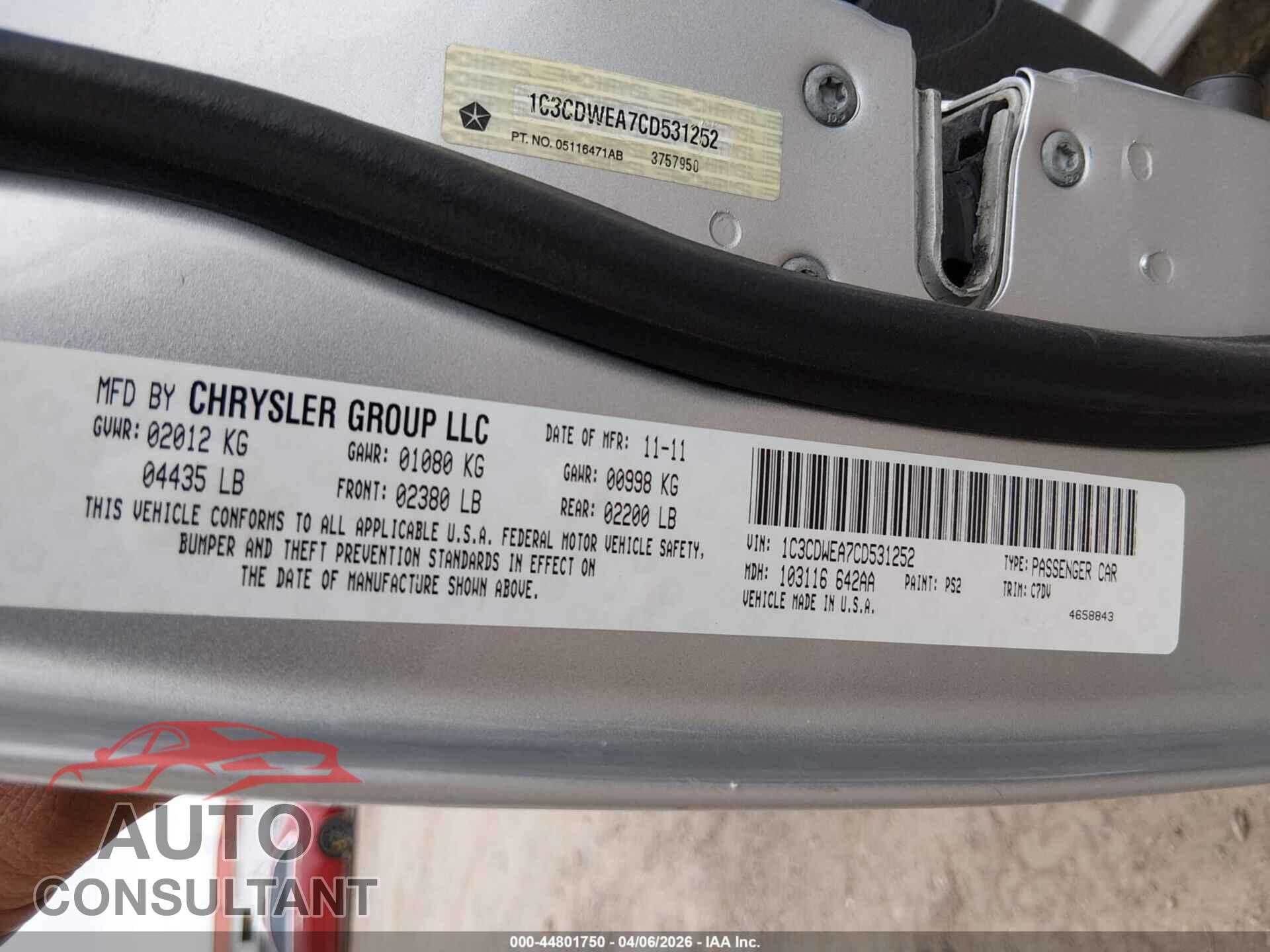 DODGE CALIBER 2012 - 1C3CDWEA7CD531252