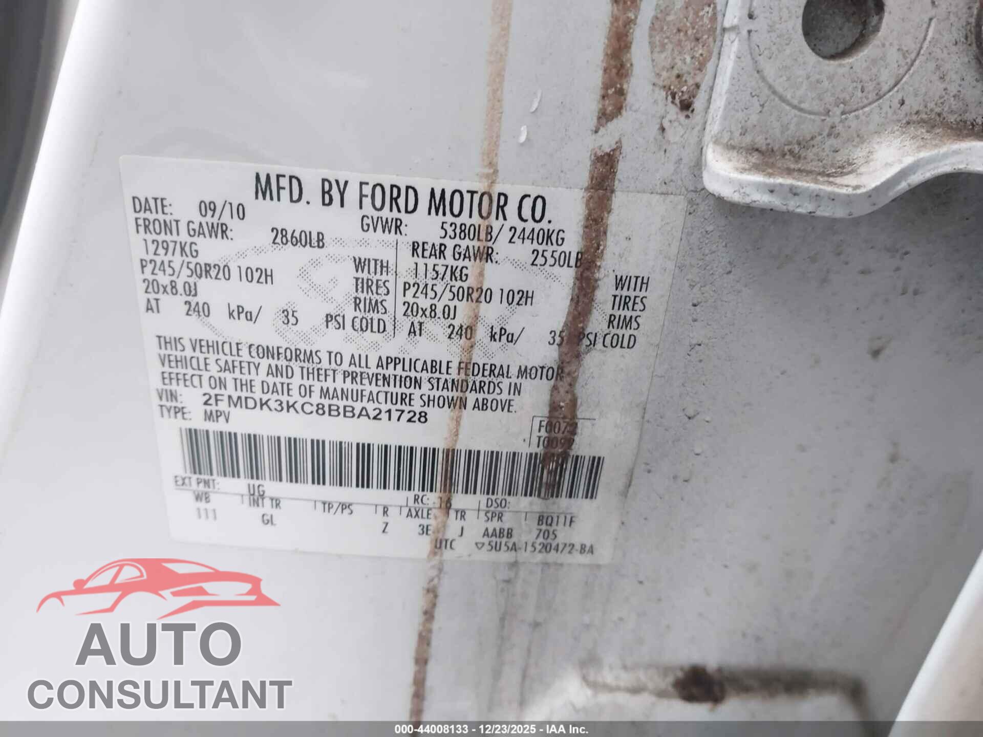 FORD EDGE 2011 - 2FMDK3KC8BBA21728