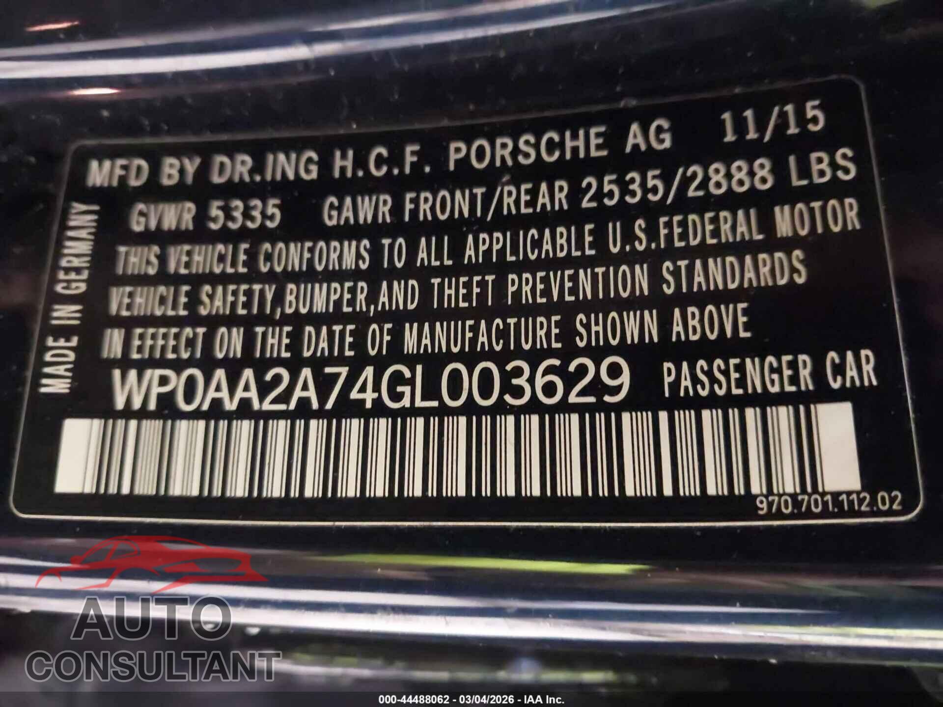 PORSCHE PANAMERA 2016 - WP0AA2A74GL003629