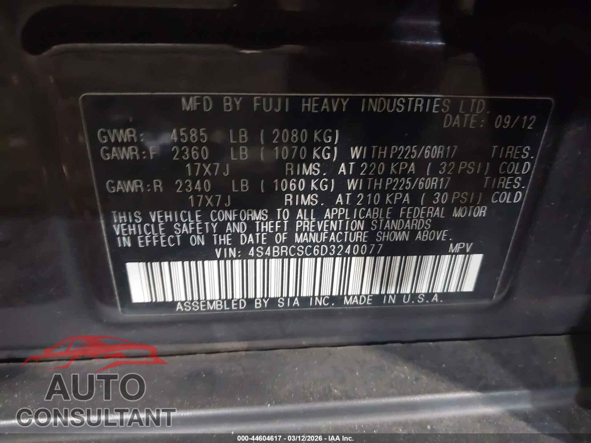 SUBARU OUTBACK 2013 - 4S4BRCSC6D3240077