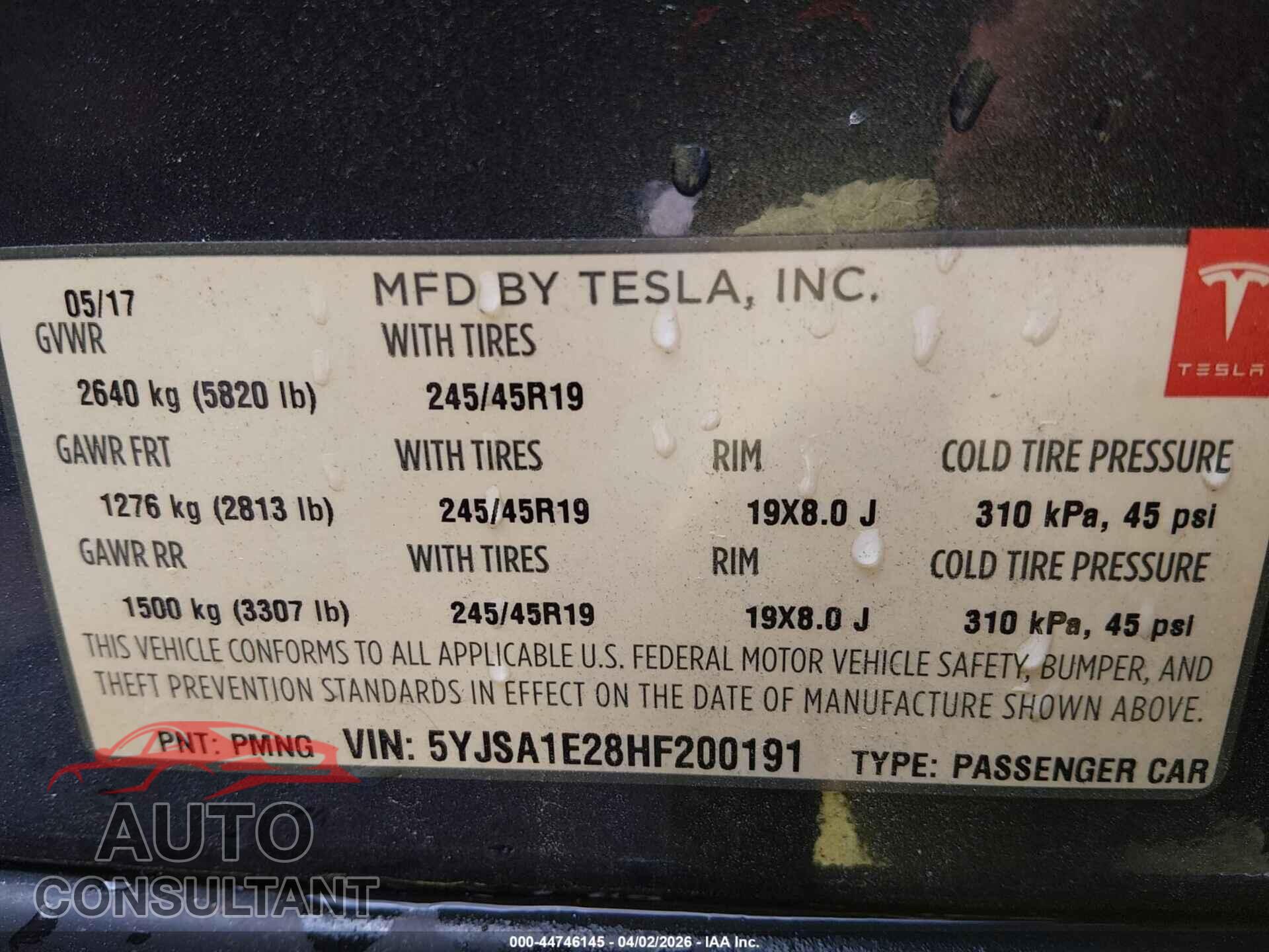 TESLA MODEL S 2017 - 5YJSA1E28HF200191
