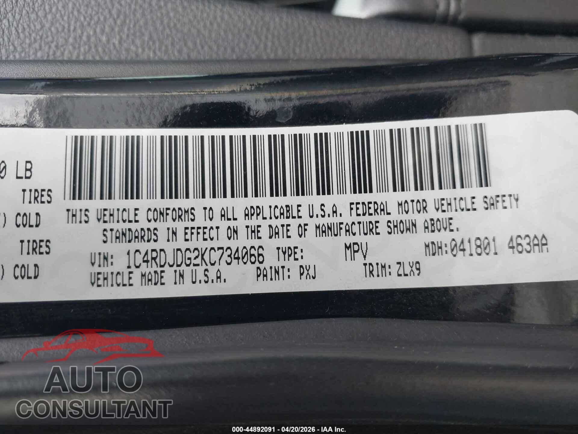 DODGE DURANGO 2019 - 1C4RDJDG2KC734066