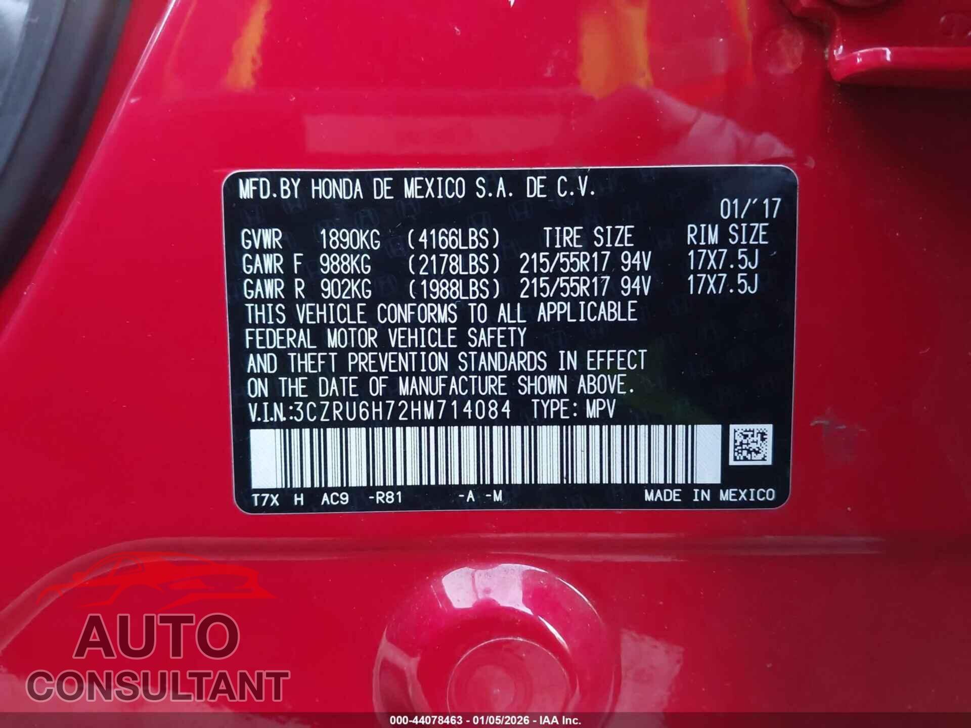 HONDA HR-V 2017 - 3CZRU6H72HM714084