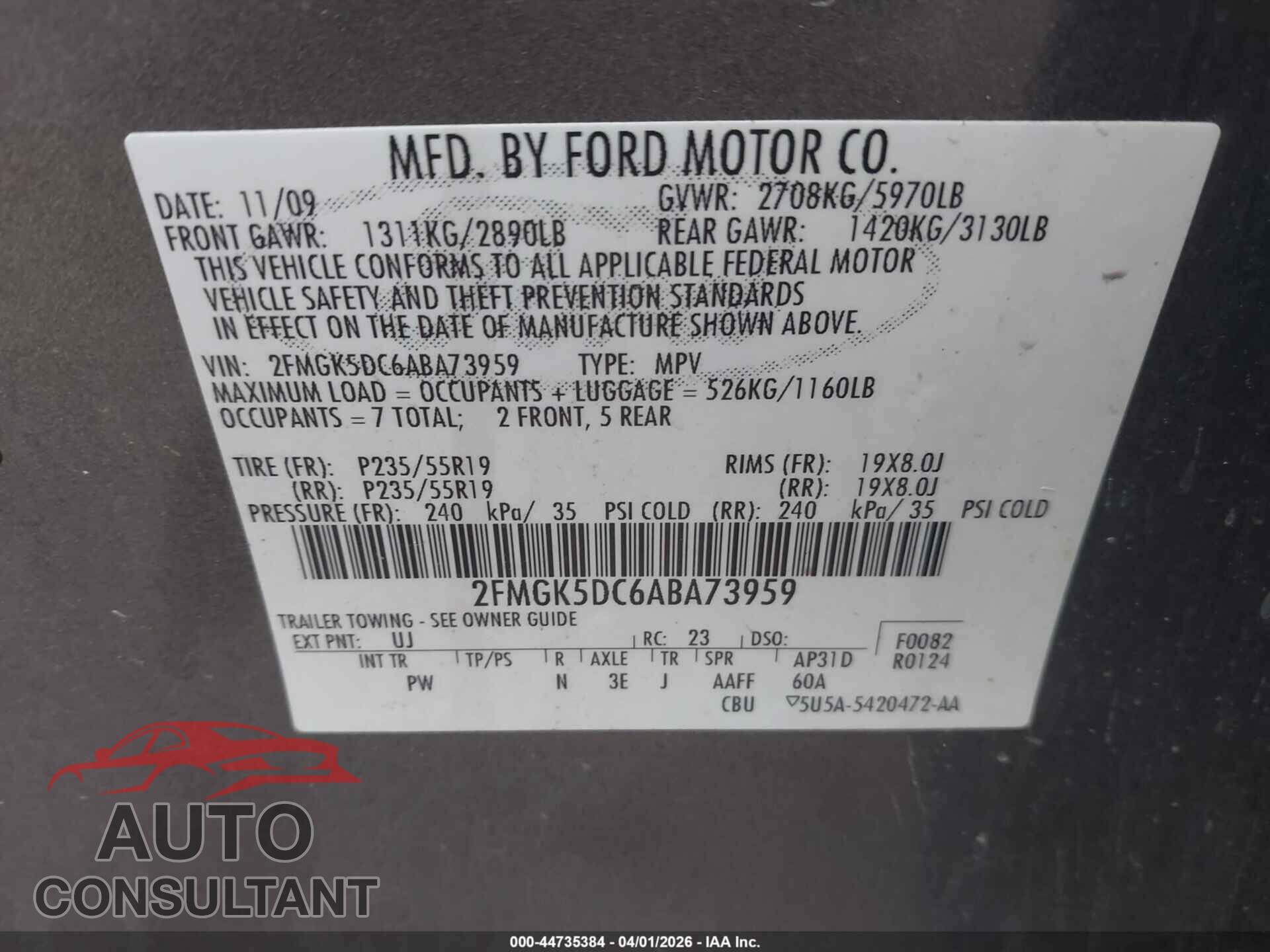 FORD FLEX 2010 - 2FMGK5DC6ABA73959