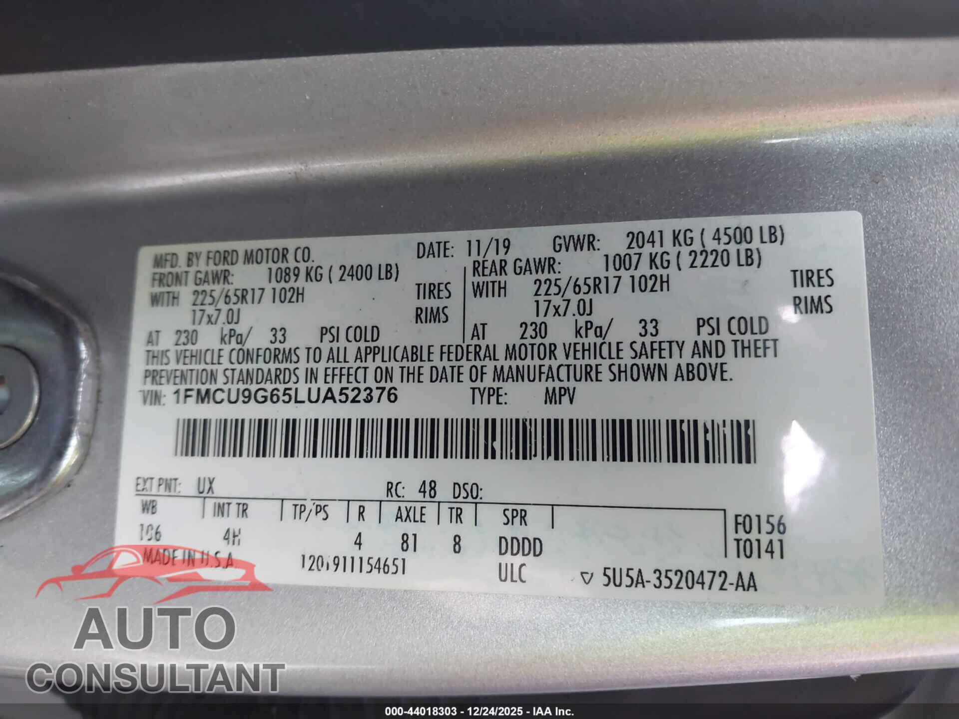 FORD ESCAPE 2020 - 1FMCU9G65LUA52376