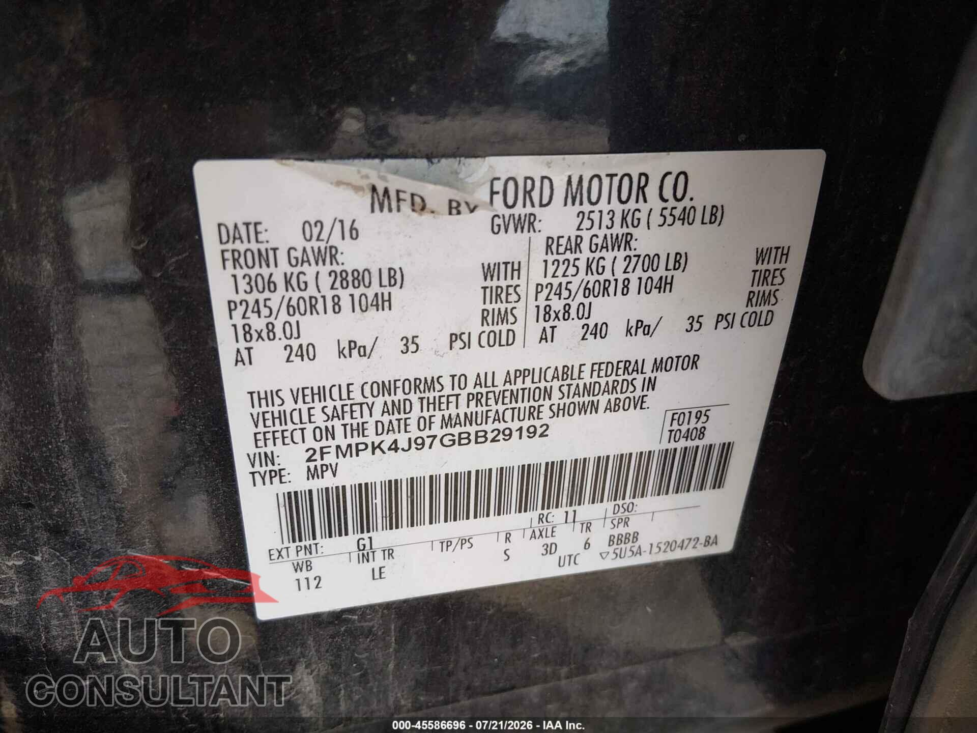 FORD EDGE 2016 - 2FMPK4J97GBB29192