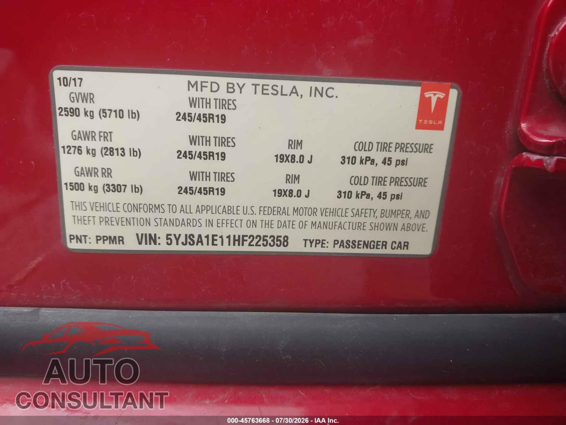TESLA MODEL S 2017 - 5YJSA1E11HF225358
