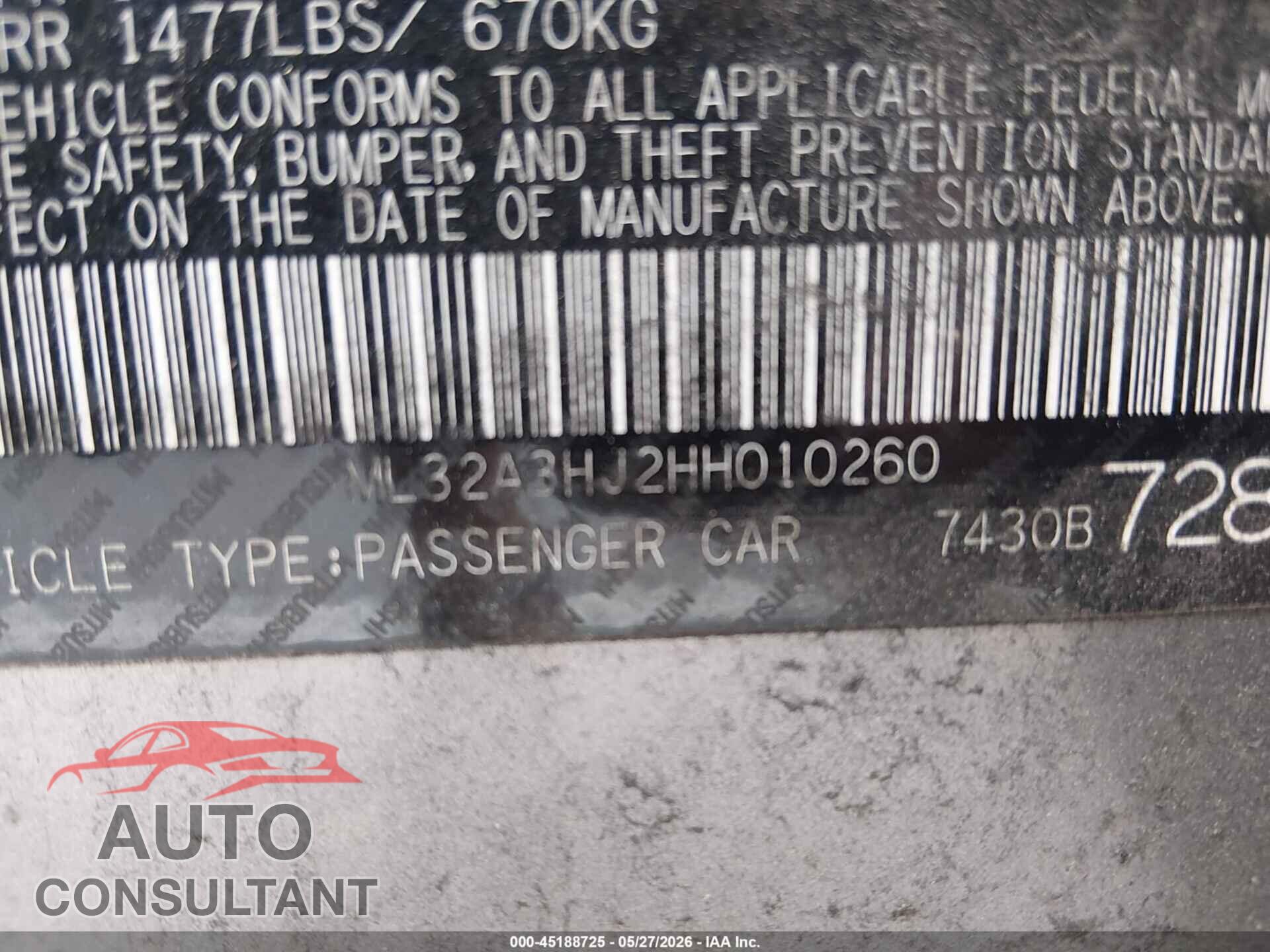 MITSUBISHI MIRAGE 2017 - ML32A3HJ2HH010260