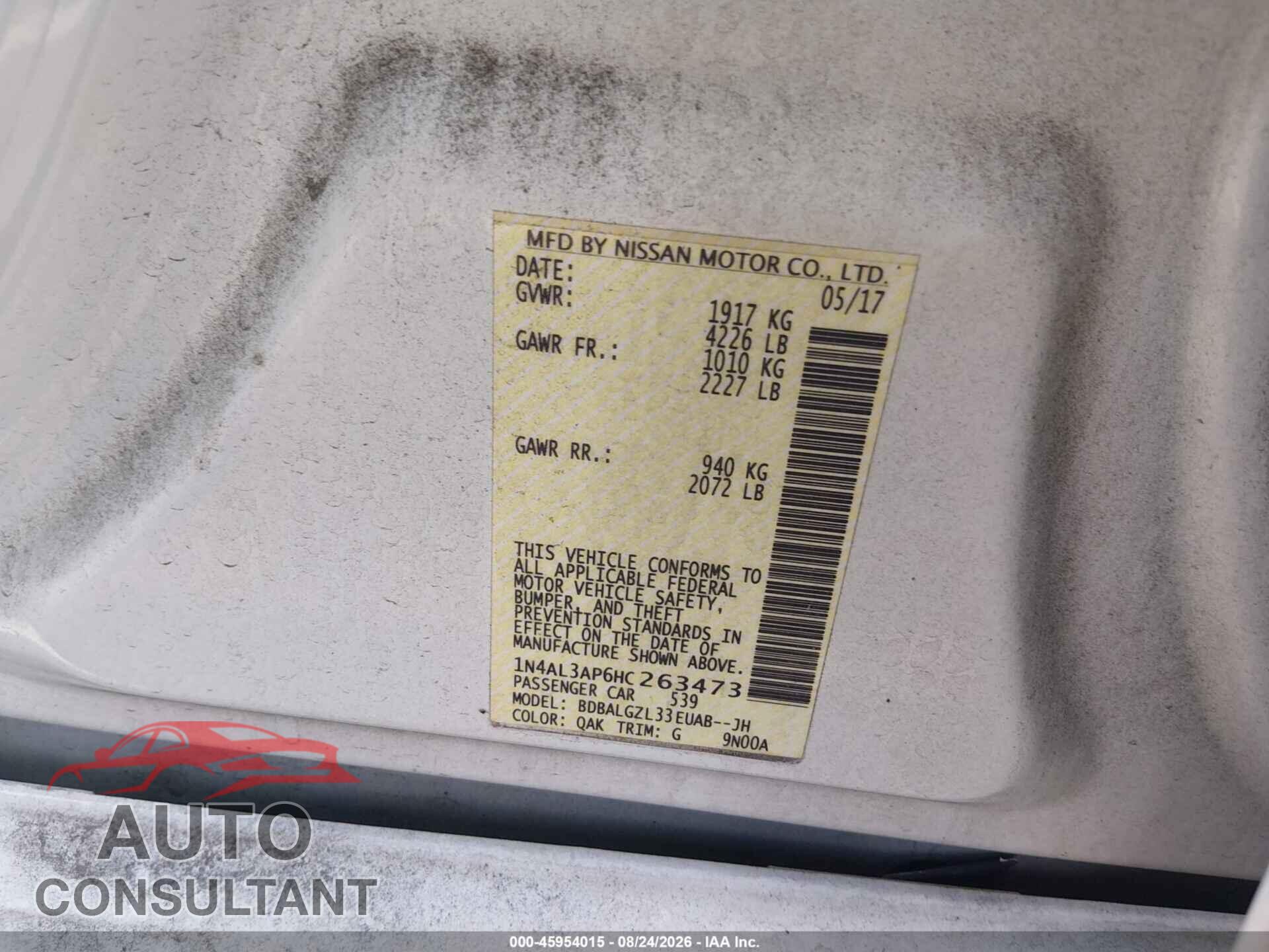 NISSAN ALTIMA 2017 - 1N4AL3AP6HC263473