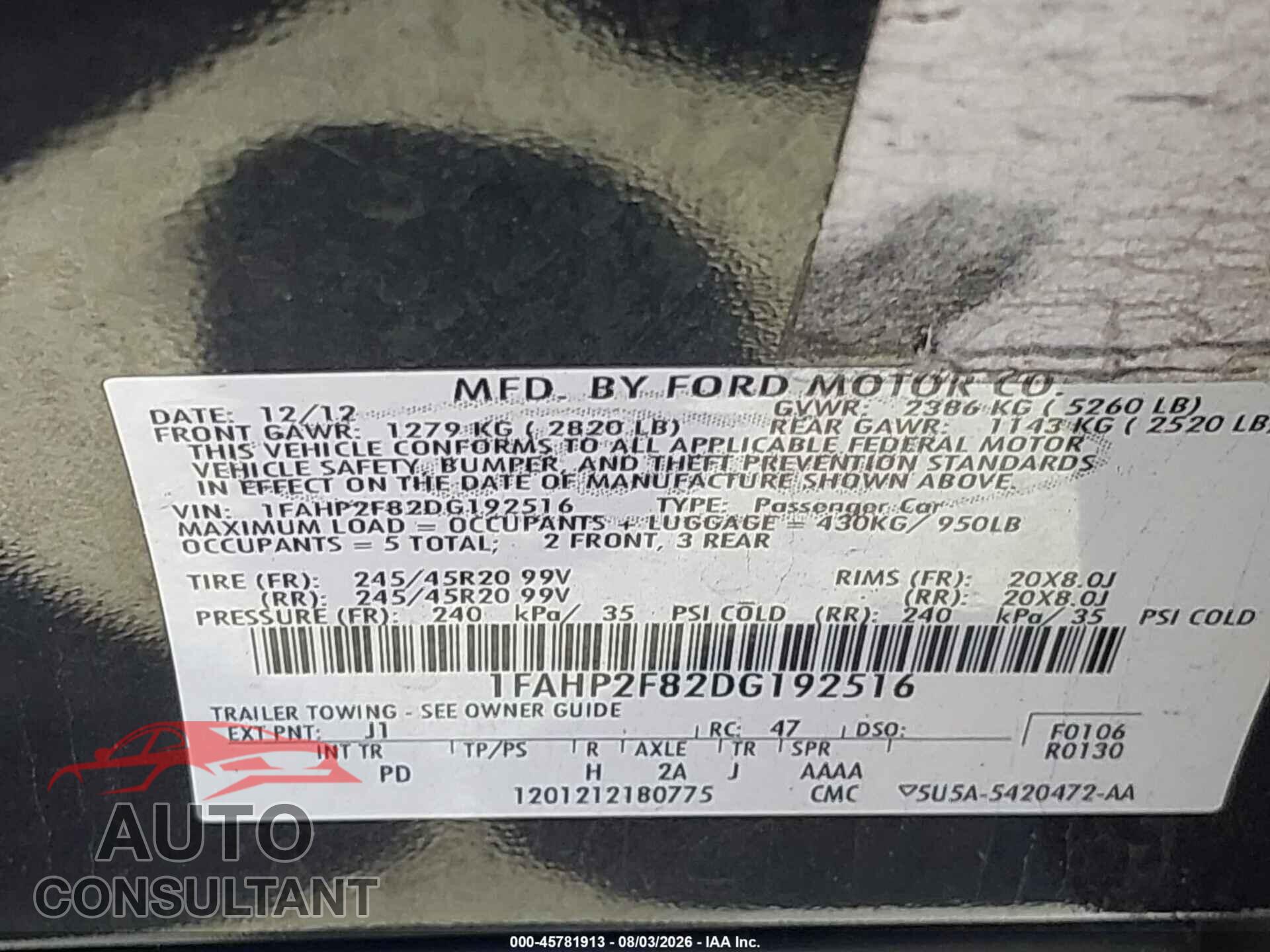 FORD TAURUS 2013 - 1FAHP2F82DG192516