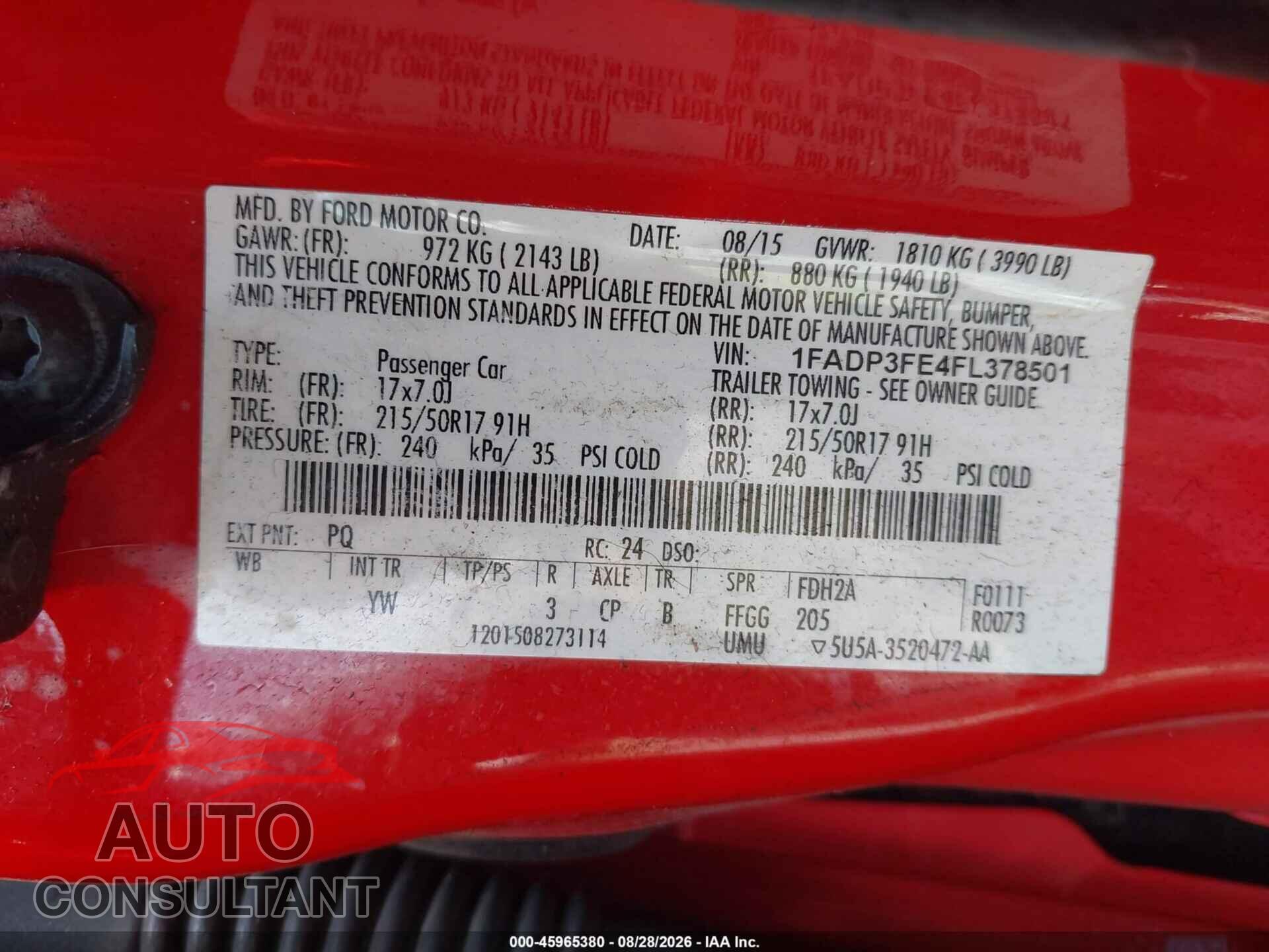 FORD FOCUS 2015 - 1FADP3FE4FL378501