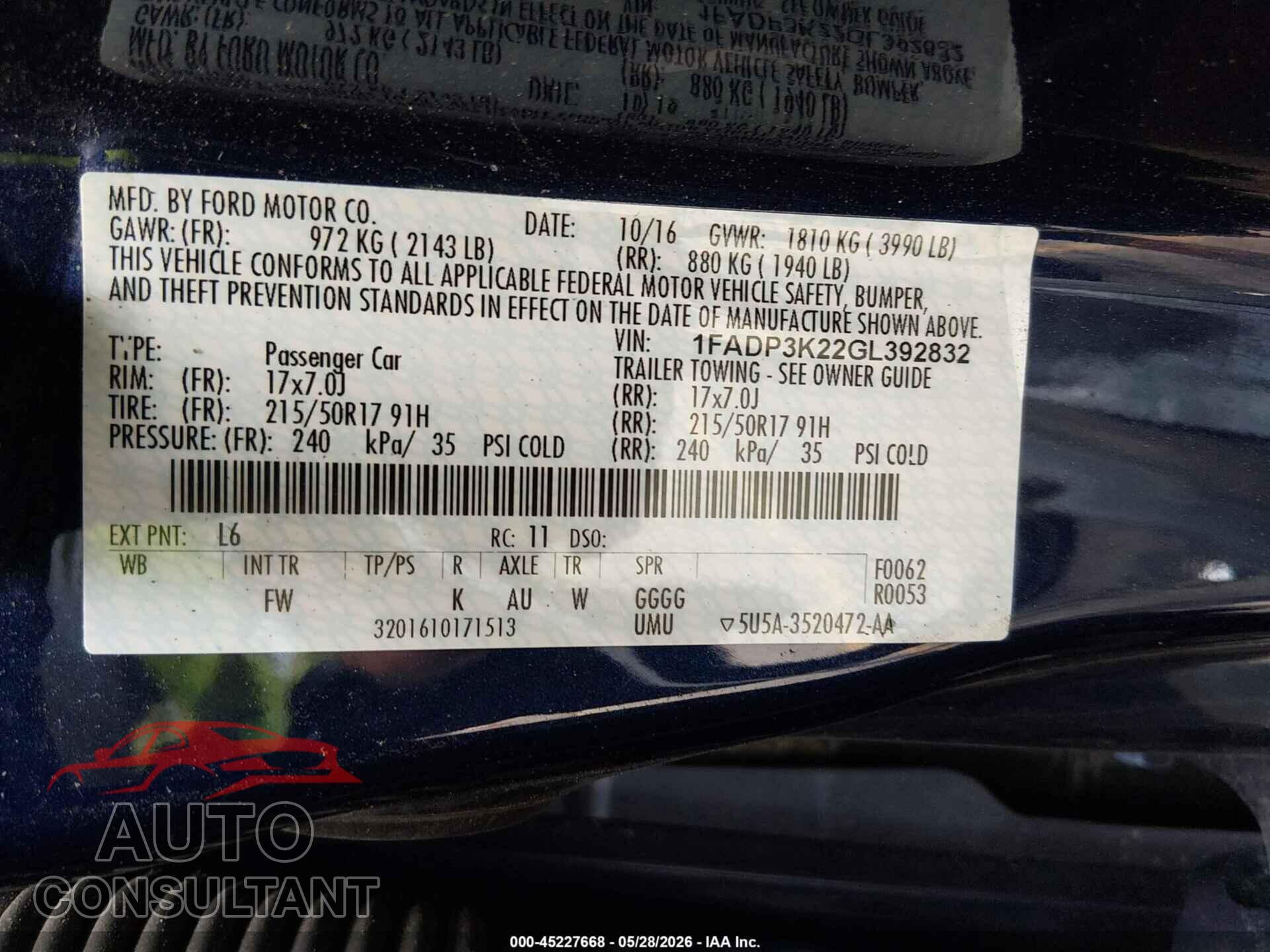 FORD FOCUS 2016 - 1FADP3K22GL392832