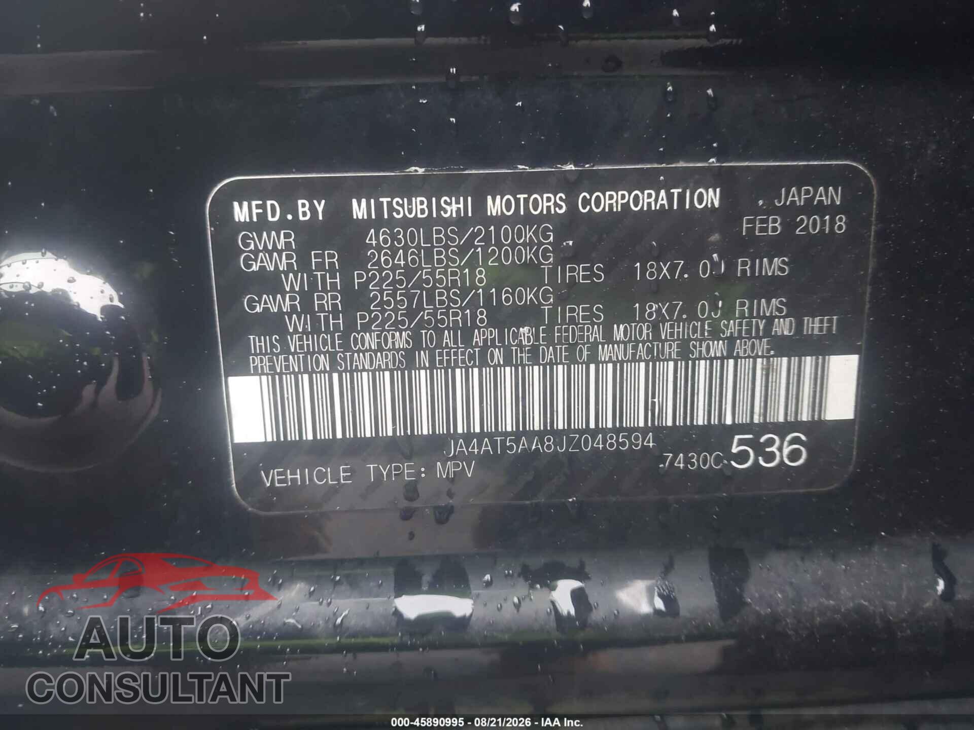 MITSUBISHI ECLIPSE CROSS 2018 - JA4AT5AA8JZ048594