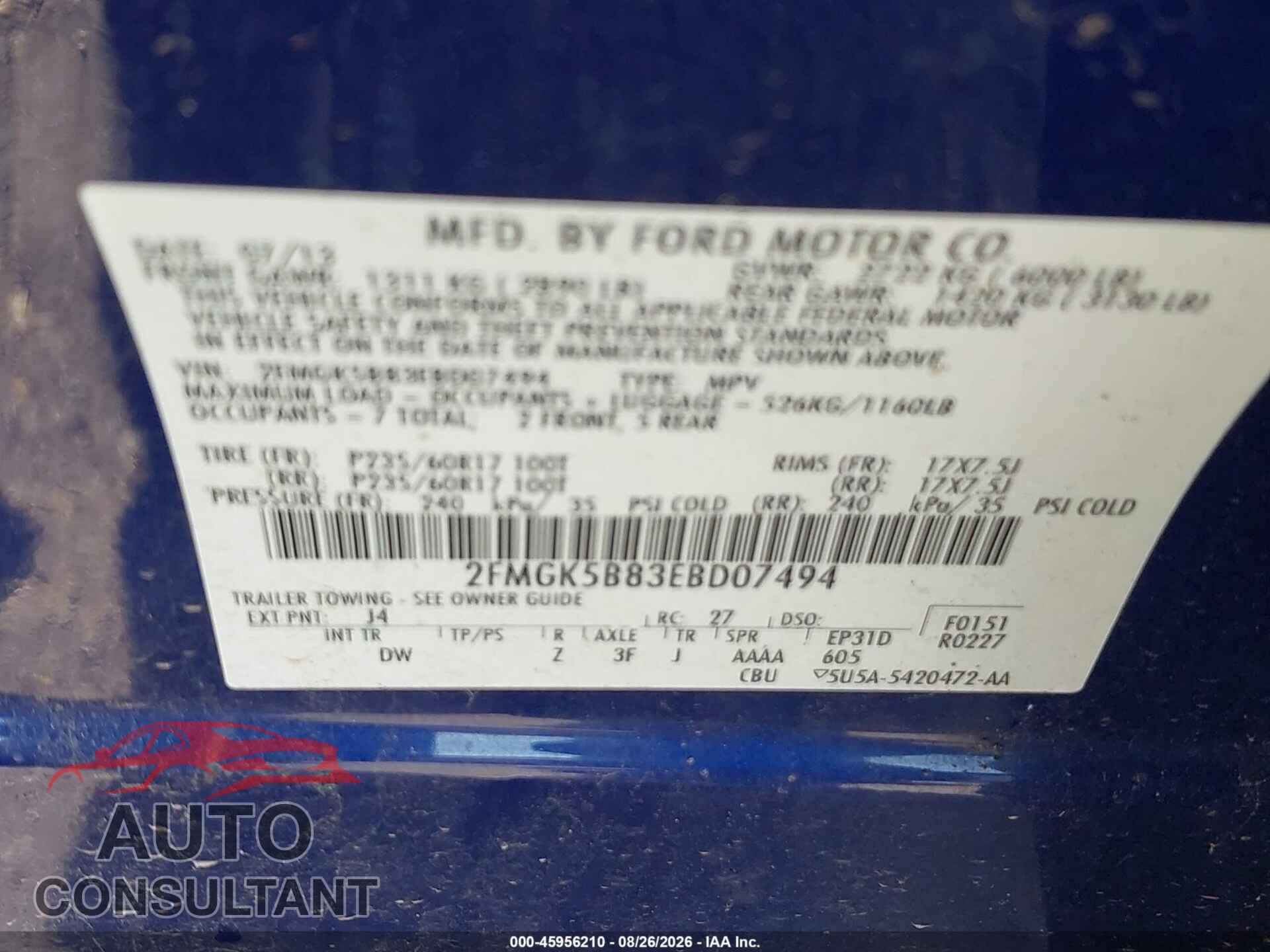 FORD FLEX 2014 - 2FMGK5B83EBD07494