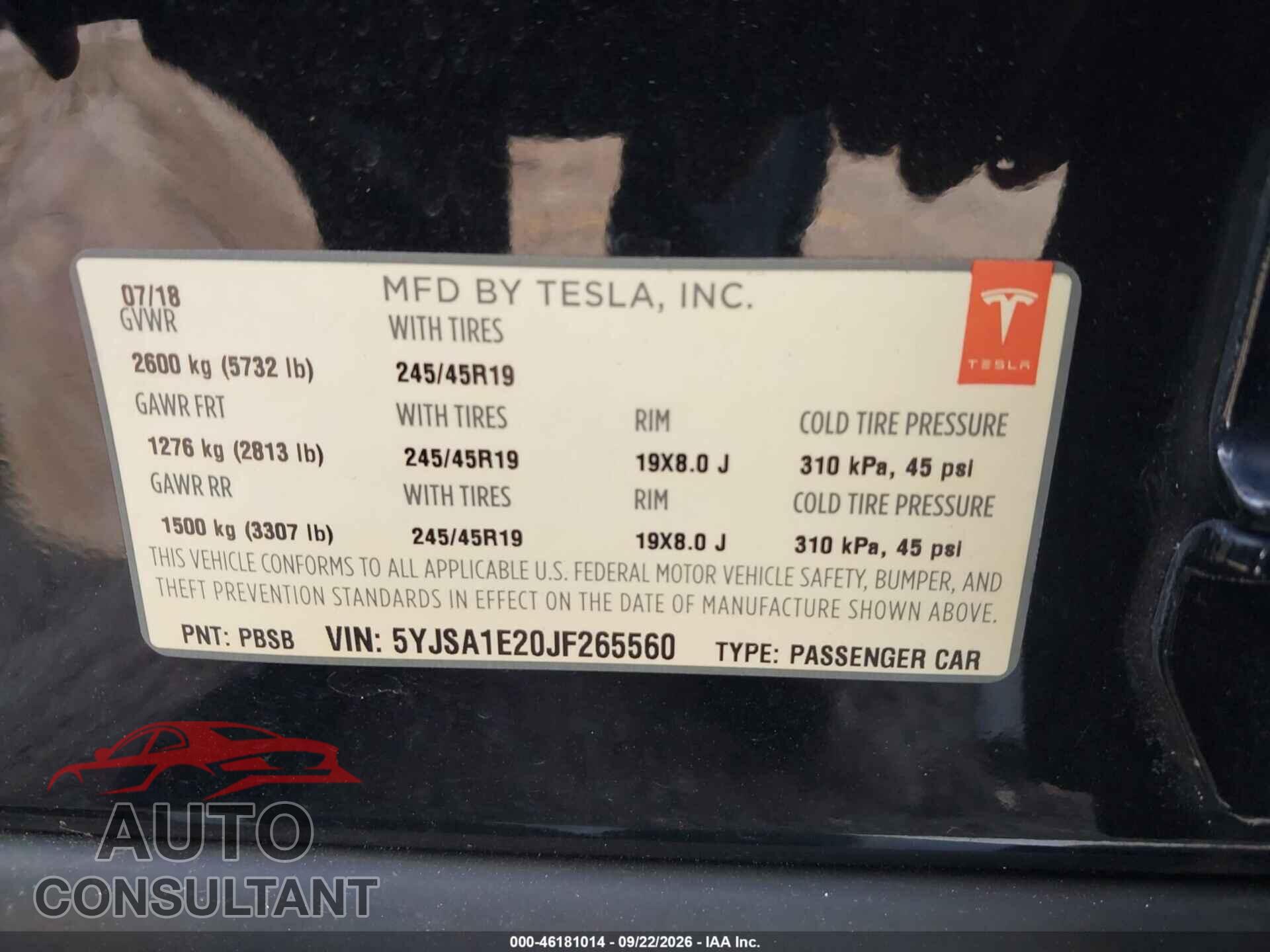 TESLA MODEL S 2018 - 5YJSA1E20JF265560