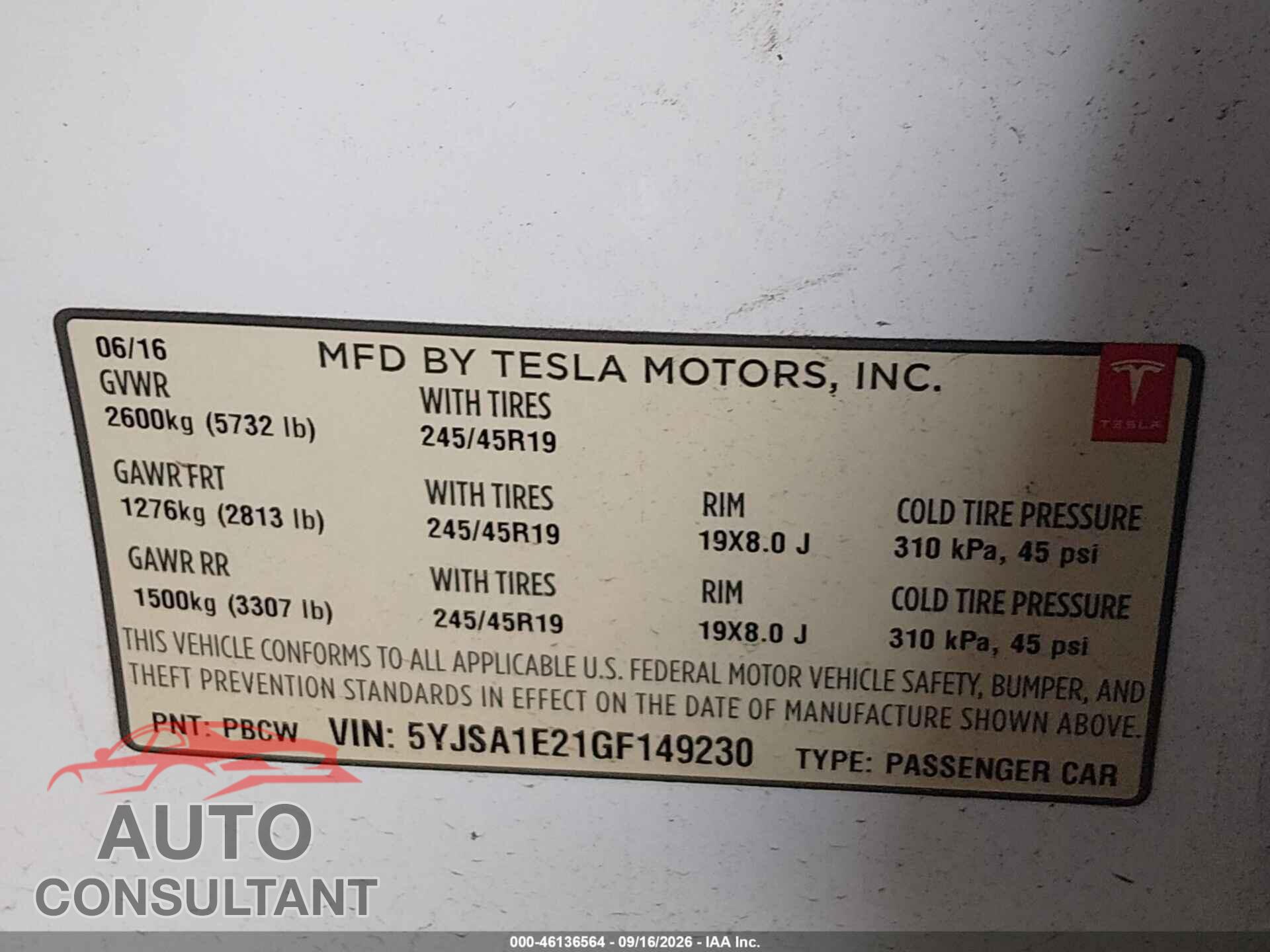 TESLA MODEL S 2016 - 5YJSA1E21GF149230