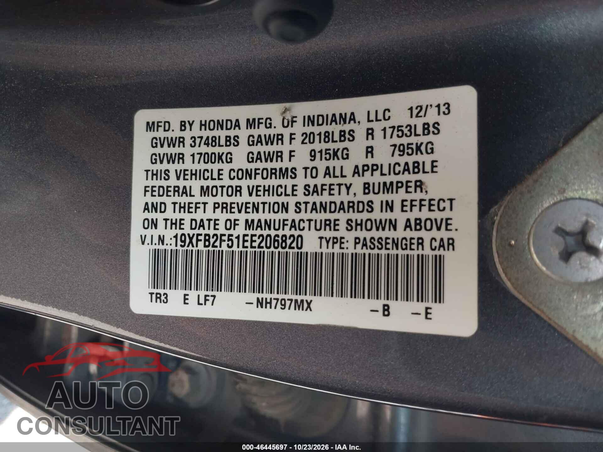 HONDA CIVIC 2014 - 19XFB2F51EE206820