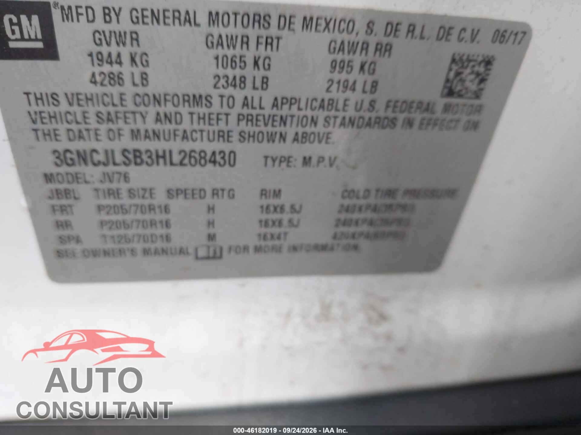 CHEVROLET TRAX 2017 - 3GNCJLSB3HL268430