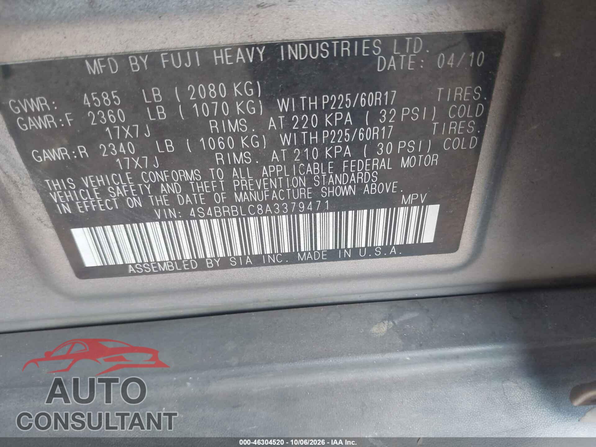 SUBARU OUTBACK 2010 - 4S4BRBLC8A3379471
