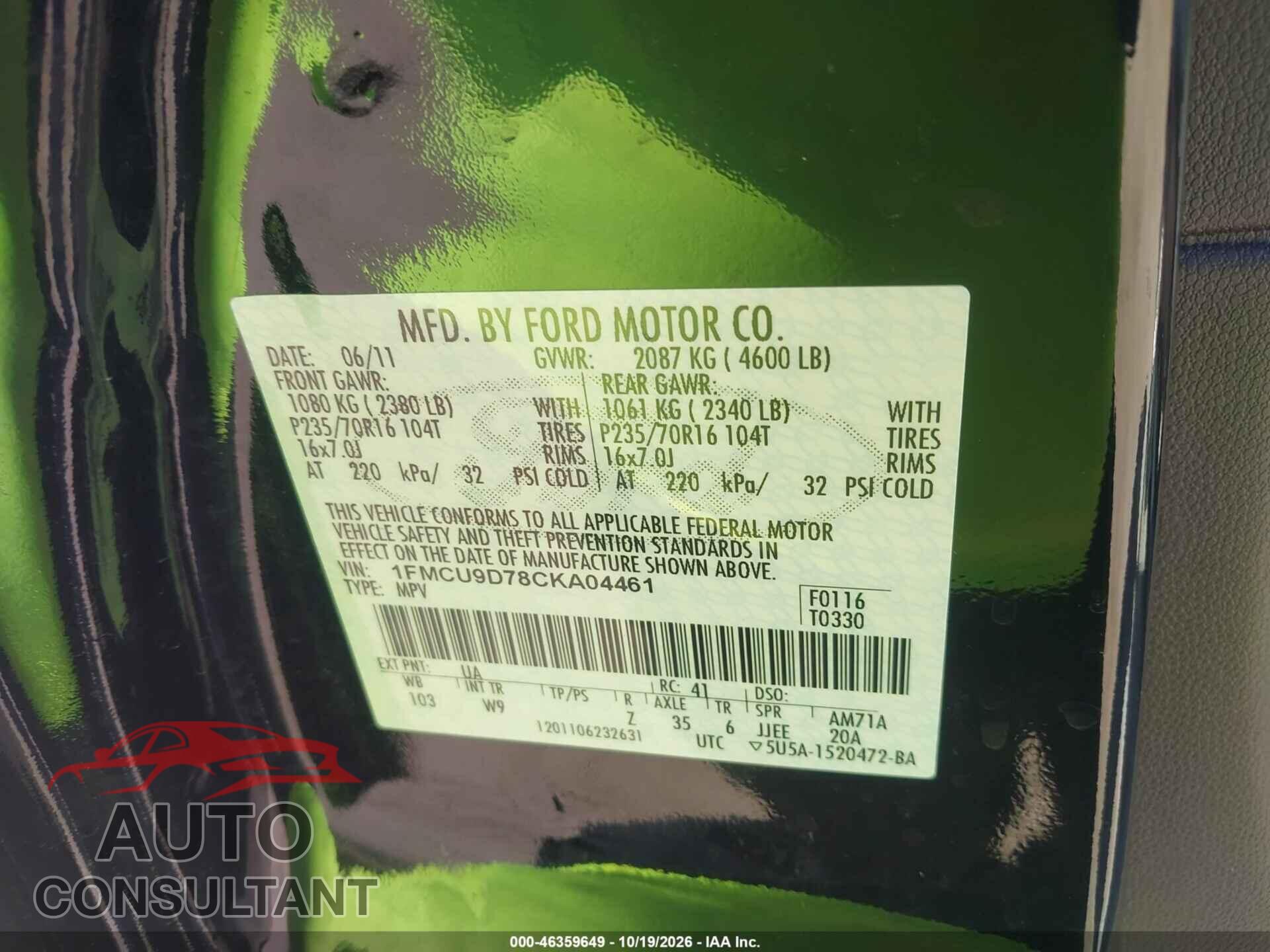 FORD ESCAPE 2012 - 1FMCU9D78CKA04461