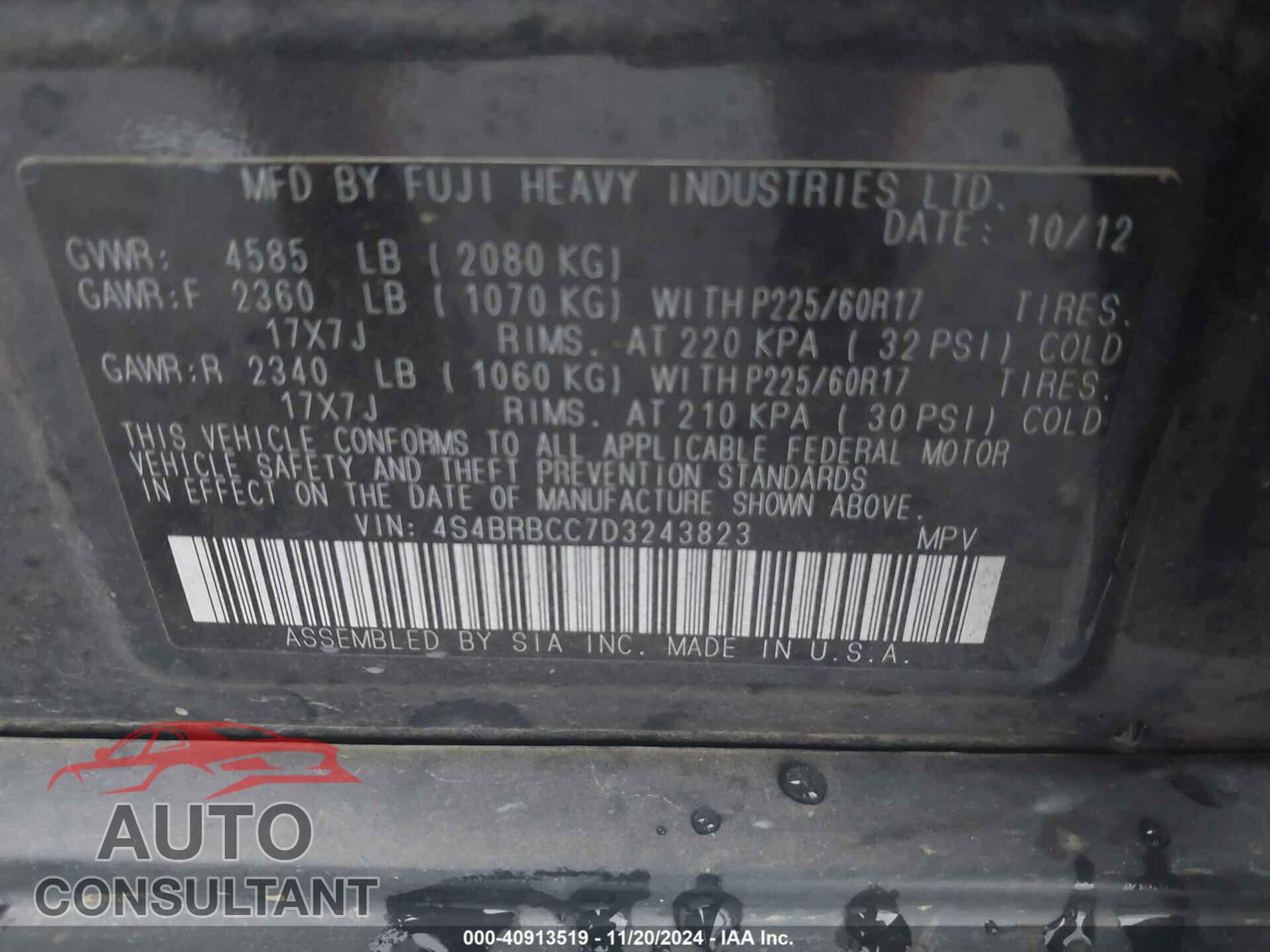 SUBARU OUTBACK 2013 - 4S4BRBCC7D3243823