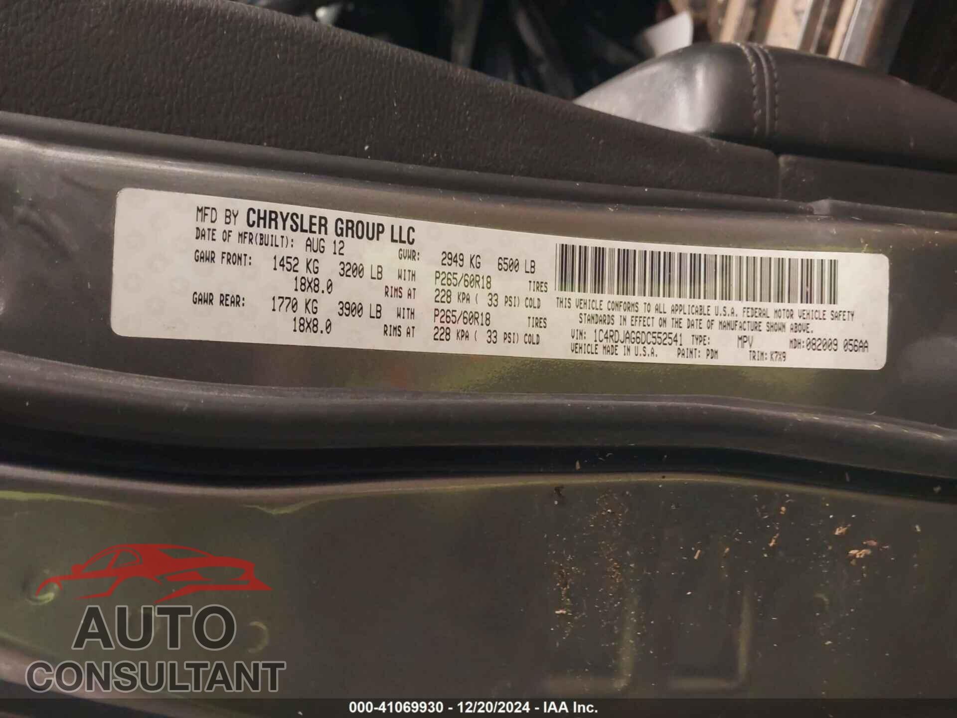 DODGE DURANGO 2013 - 1C4RDJAG6DC552541
