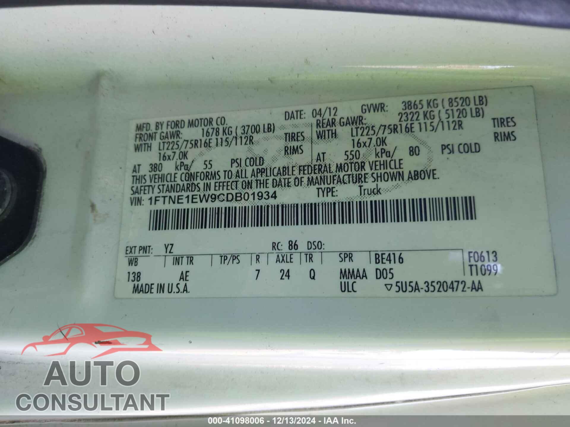 FORD E-150 2012 - 1FTNE1EW9CDB01934