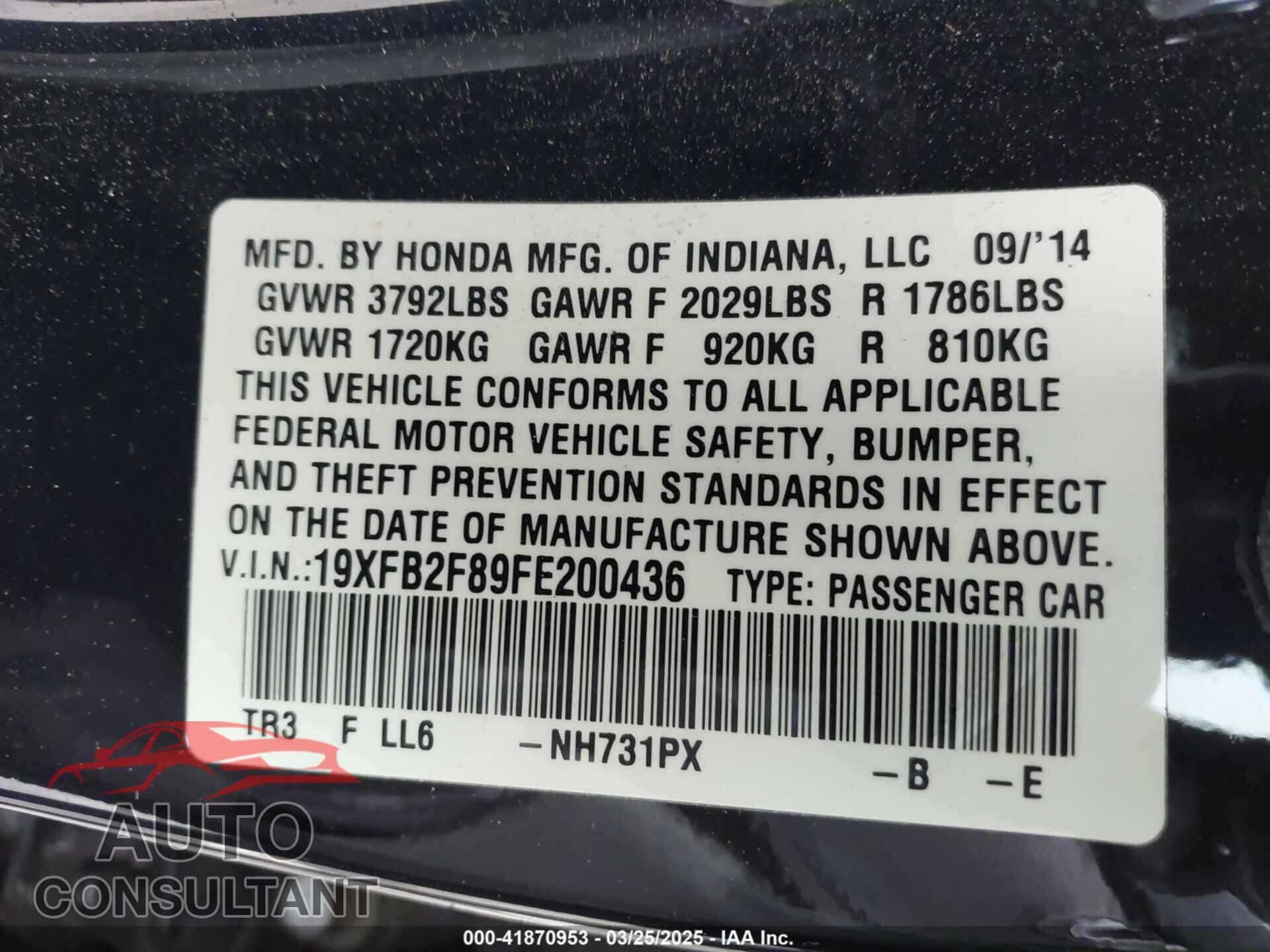 HONDA CIVIC 2015 - 19XFB2F89FE200436