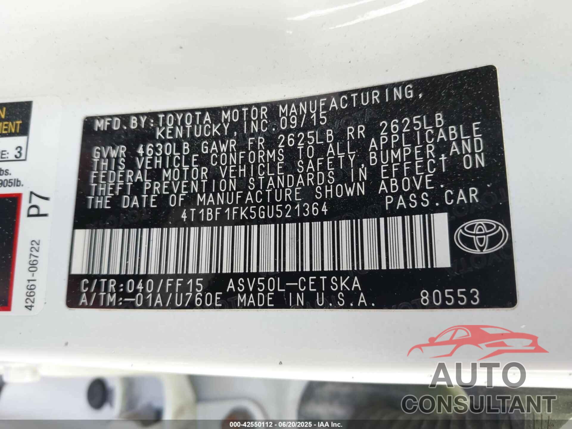 TOYOTA CAMRY 2016 - 4T1BF1FK5GU521364