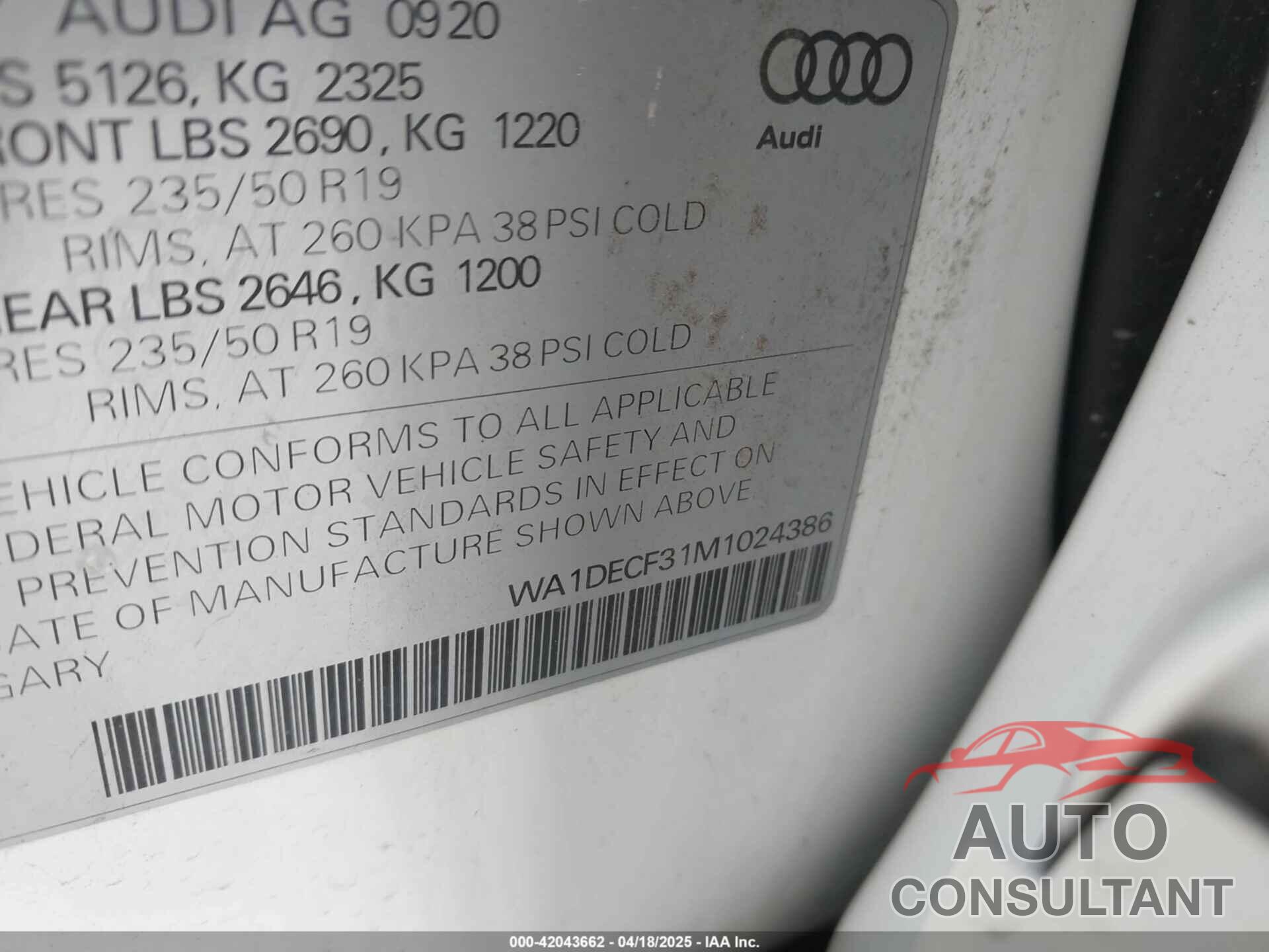 AUDI Q3 2021 - WA1DECF31M1024386