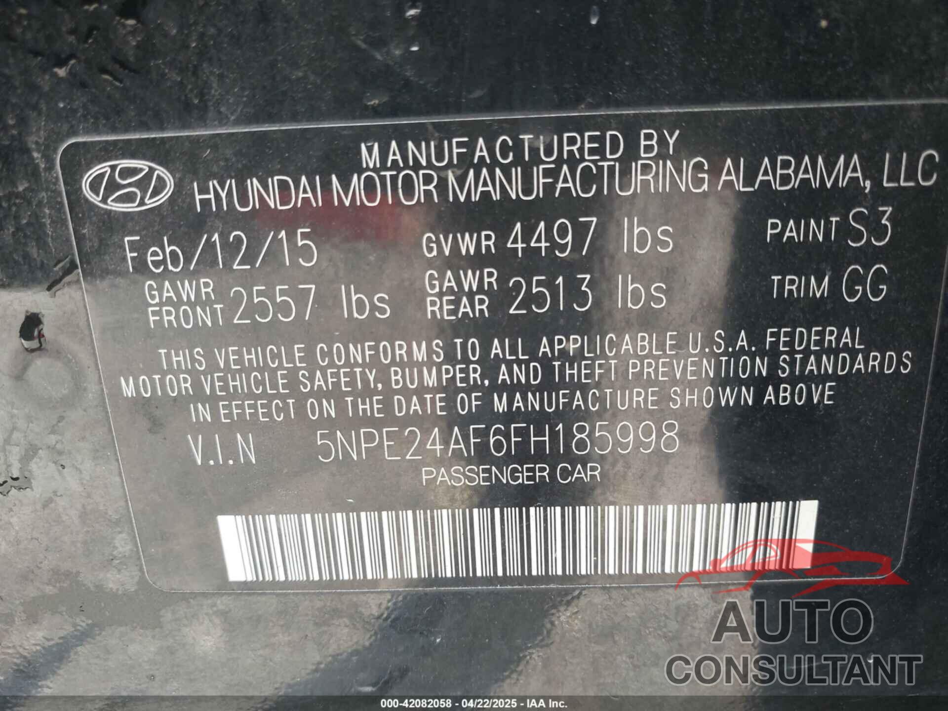 HYUNDAI SONATA 2015 - 5NPE24AF6FH185998