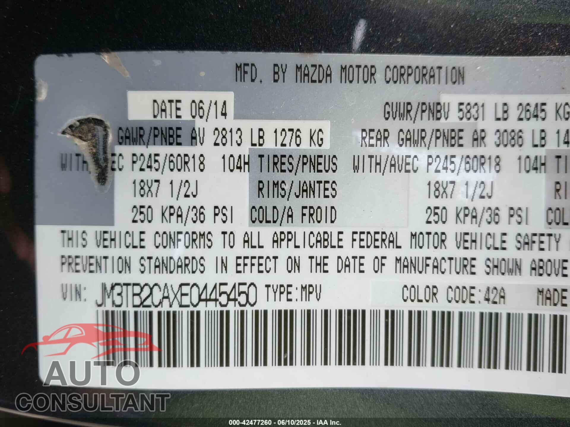 MAZDA CX-9 2014 - JM3TB2CAXE0445450