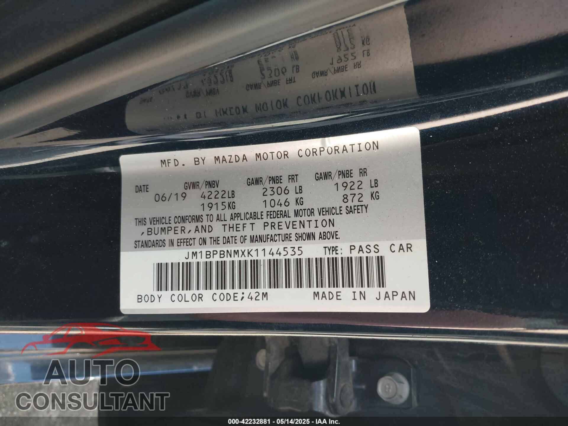MAZDA MAZDA3 HATCHBACK 2019 - JM1BPBNMXK1144535