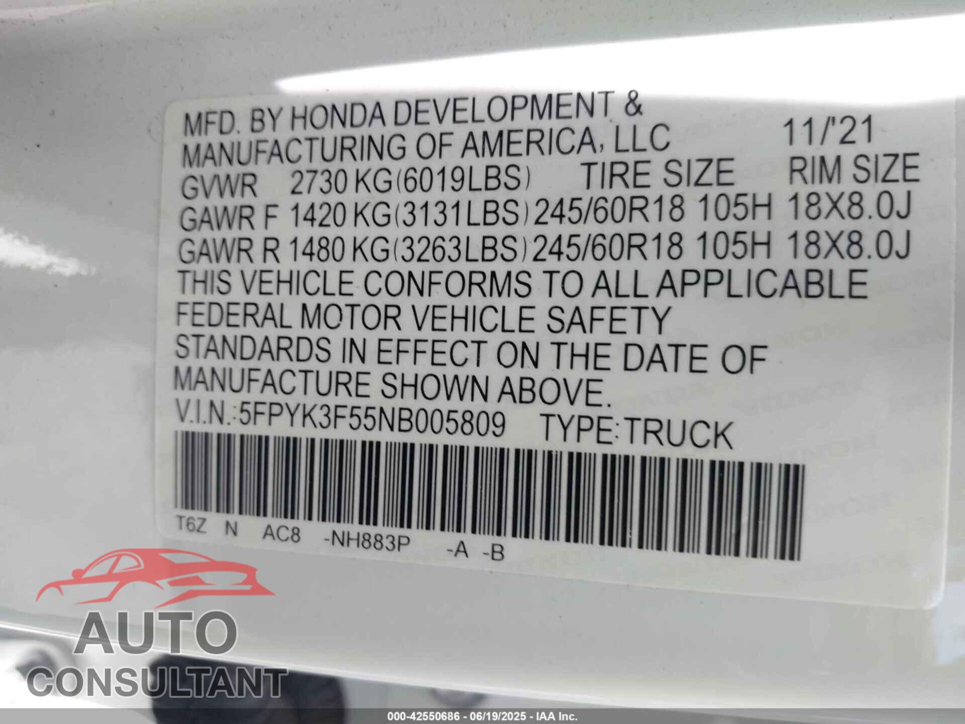 HONDA RIDGELINE 2022 - 5FPYK3F55NB005809